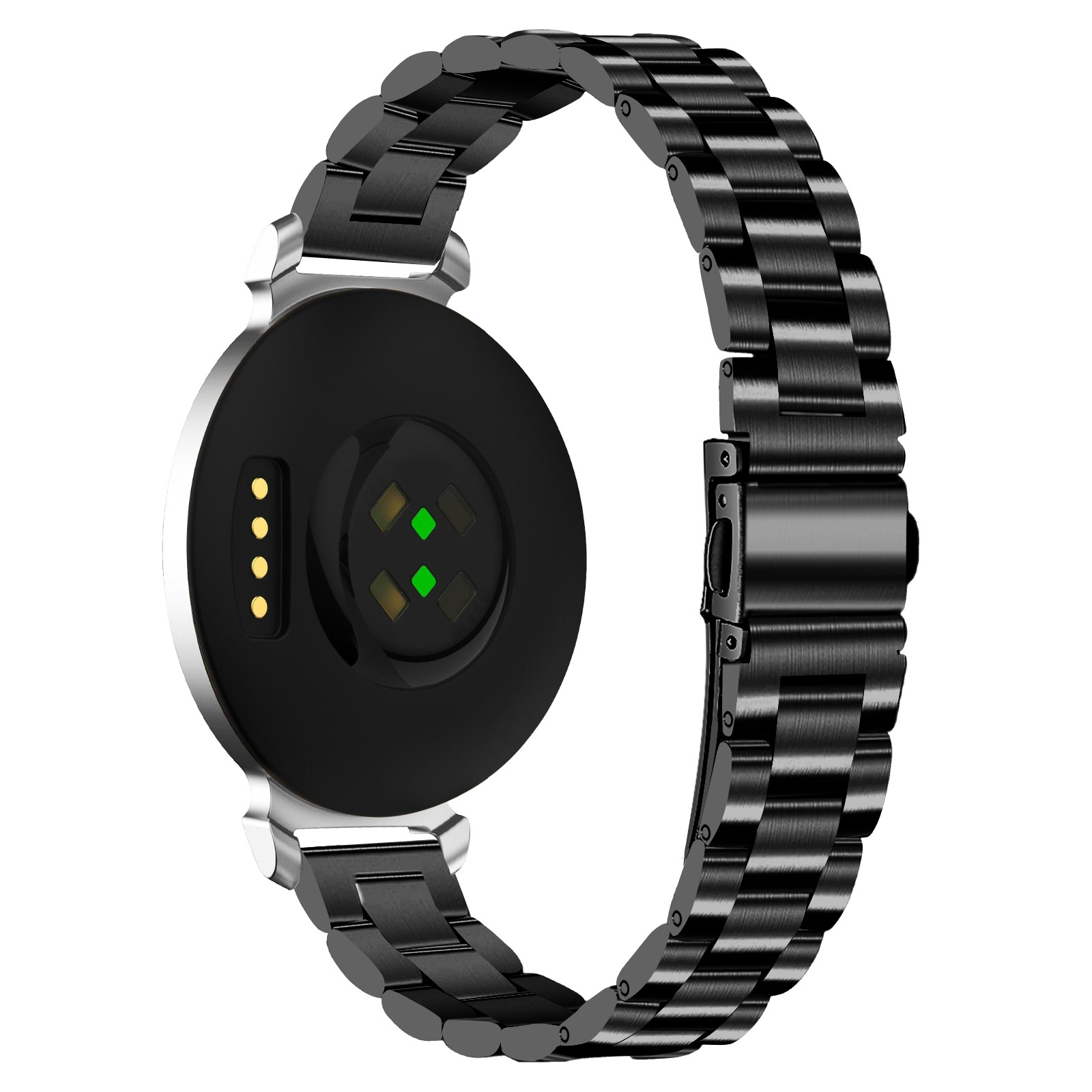 Eine schwarze Smartwatch mit Metallarmband. Das Zifferblatt ist schwarz mit Sensoren. Das Armband ist verbunden und gebogen.