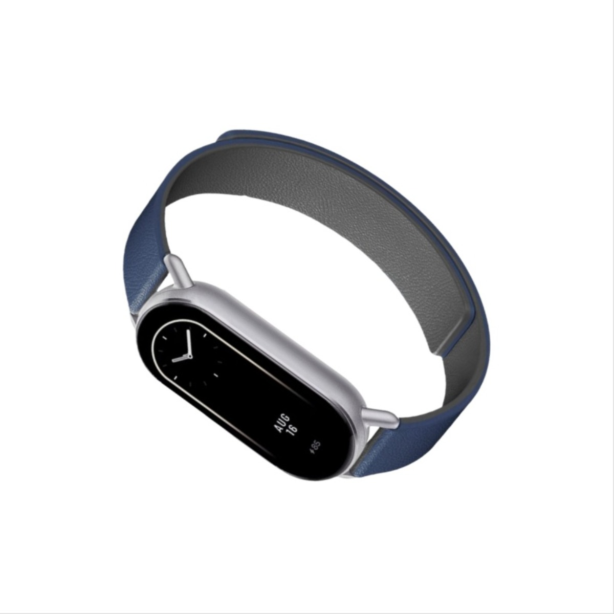 Eine Smartwatch mit silbernem Gehäuse und schwarzem Bildschirm, der Zeit und Datum anzeigt. Sie hat ein blaues Lederarmband.