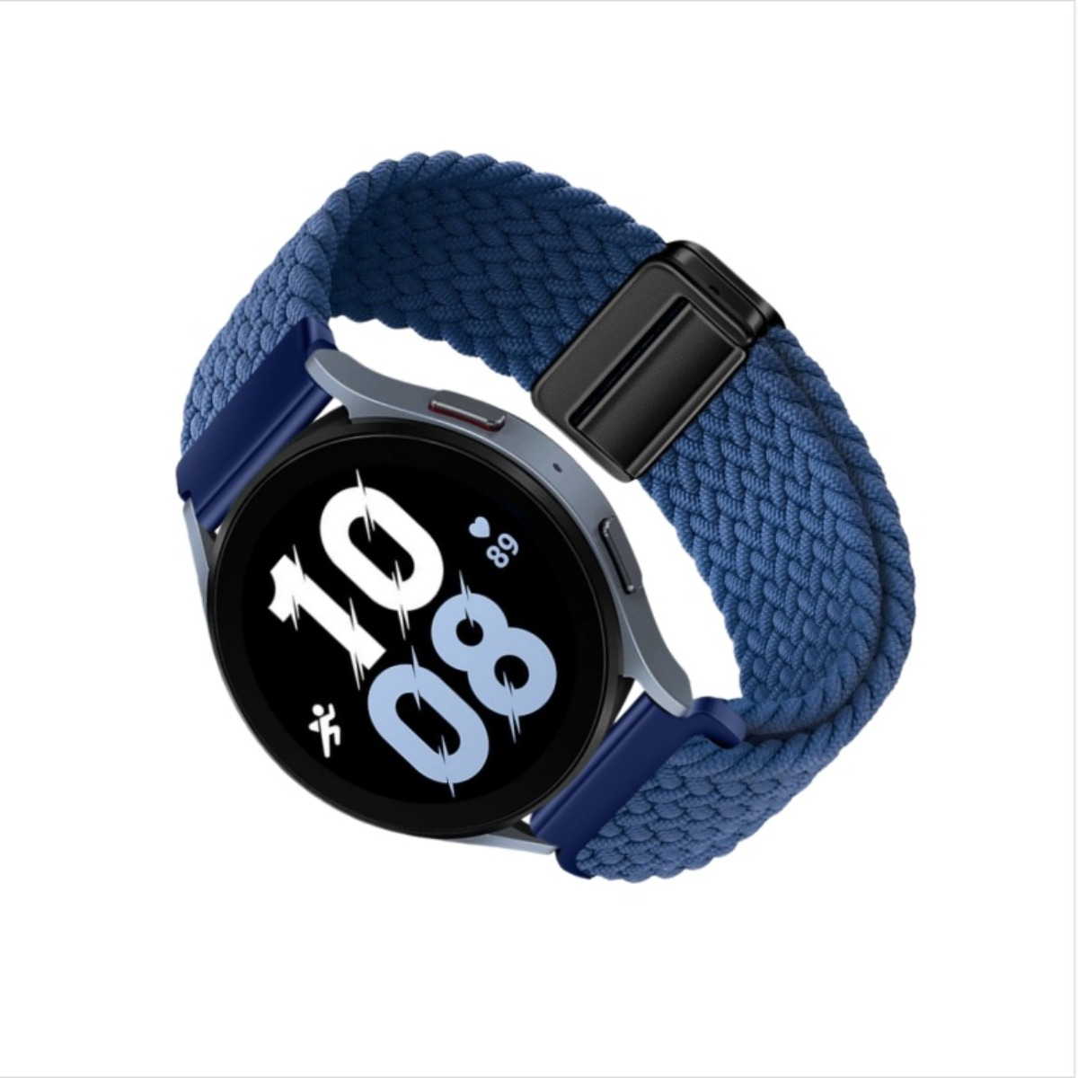 Eine dunkelgraue Smartwatch mit blauem geflochtenem Armband und schwarzem Verschluss. Das Zifferblatt zeigt die Uhrzeit: 10:08 und Herzfrequenz 89.