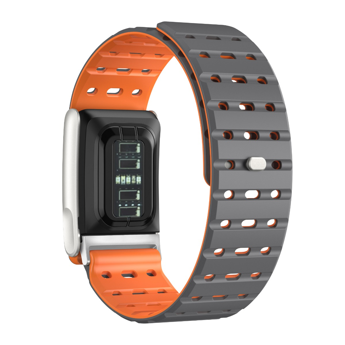Ein Fitnesstracker mit schwarzem Bildschirm und grau-orangefarbenem Armband. Das Armband ist perforiert.