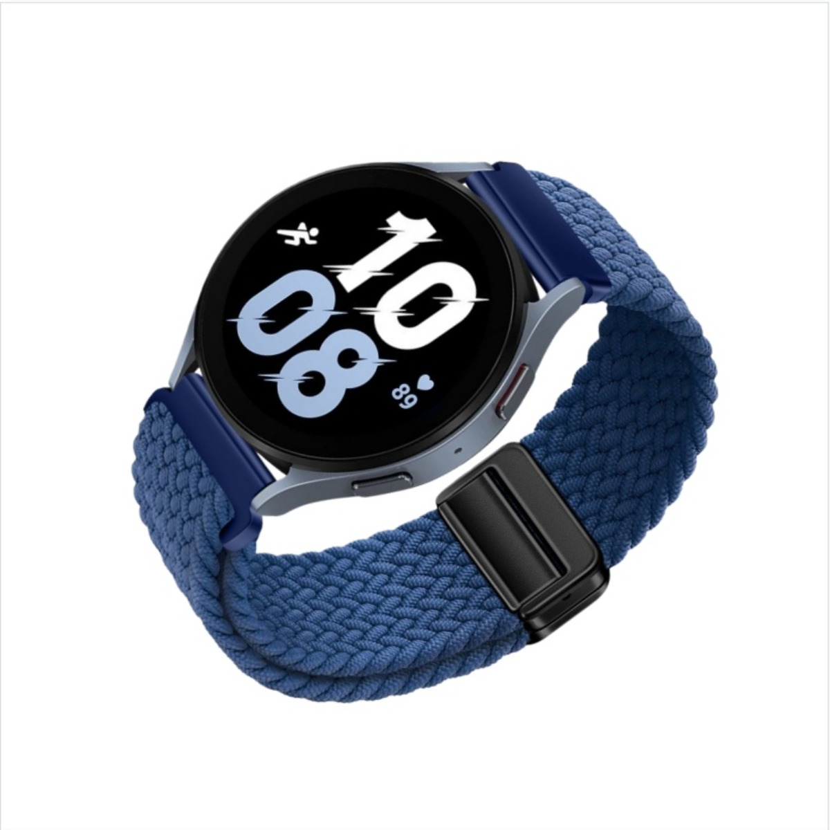 Eine blaue Smartwatch mit geflochtenem Armband. Das Zifferblatt zeigt Zeit und Gesundheitsmetriken an.
