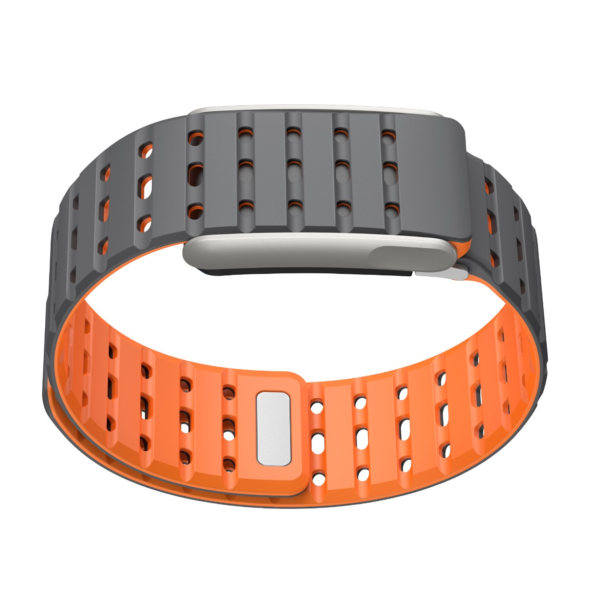 Ein graues und orangefarbenes Uhrenarmband mit silbernem Verschluss. Das Band ist mit rechteckigen und runden Löchern perforiert.