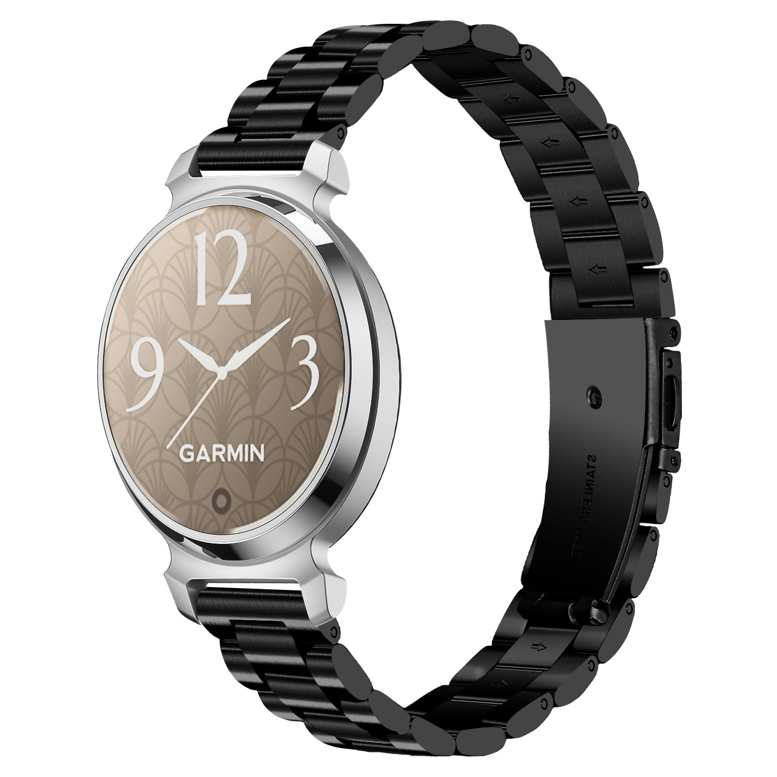 Eine Garmin-Smartwatch mit beigem Zifferblatt und schwarzem Armband. Das Zifferblatt zeigt Zahlen und das Garmin-Logo. Das Armband ist aus Metall.