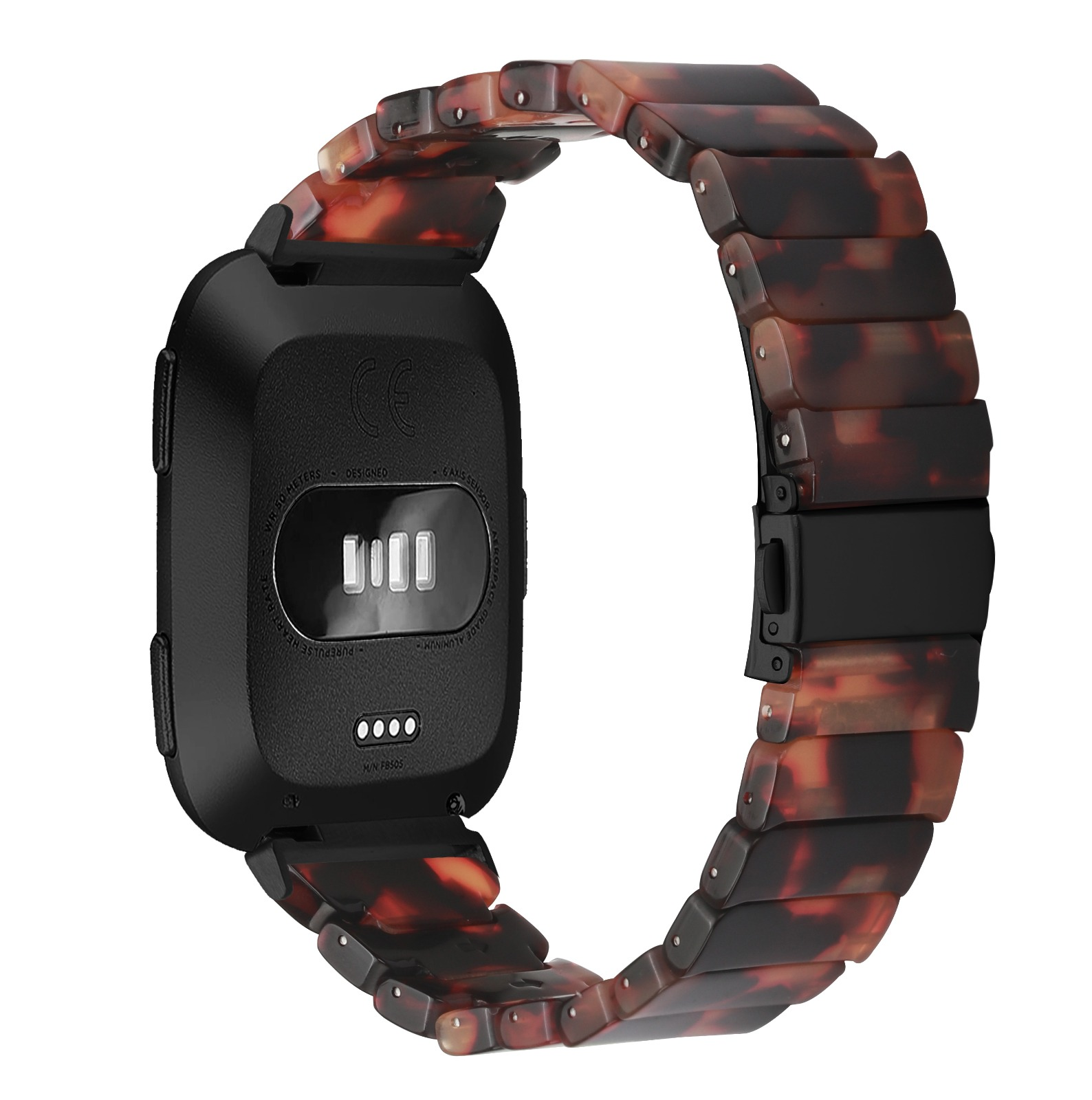 Eine schwarze Smartwatch mit einem Armband im Schildpattmuster. Das Zifferblatt ist schwarz mit Sensoren. Das Armband ist verbunden.