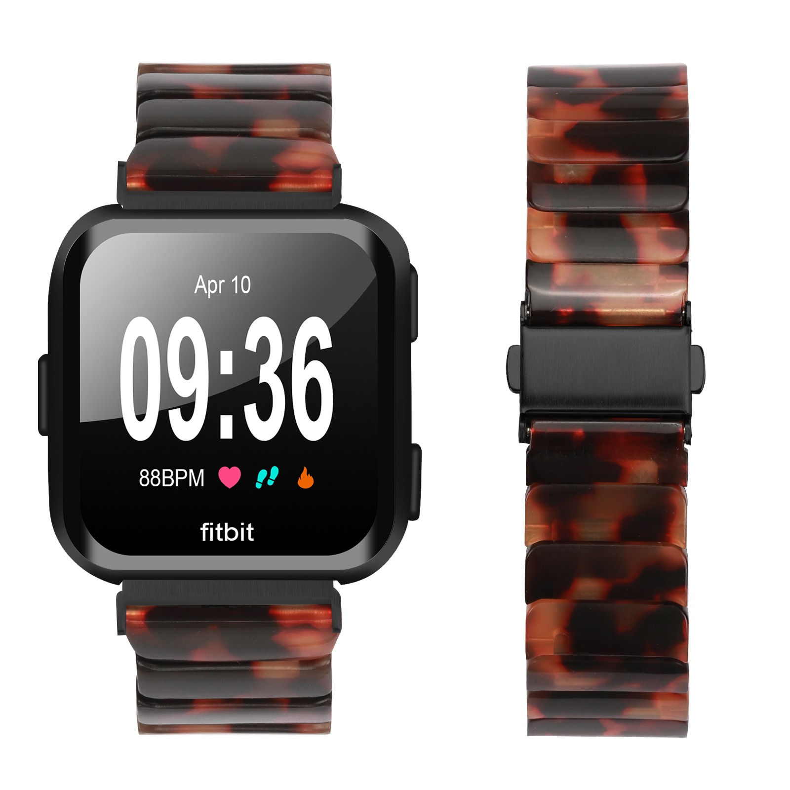 Eine Fitbit-Smartwatch mit einem Schildpatt-Armband. Der Bildschirm zeigt Datum, Uhrzeit und Gesundheitsmetriken an. Ein zusätzliches Band daneben.