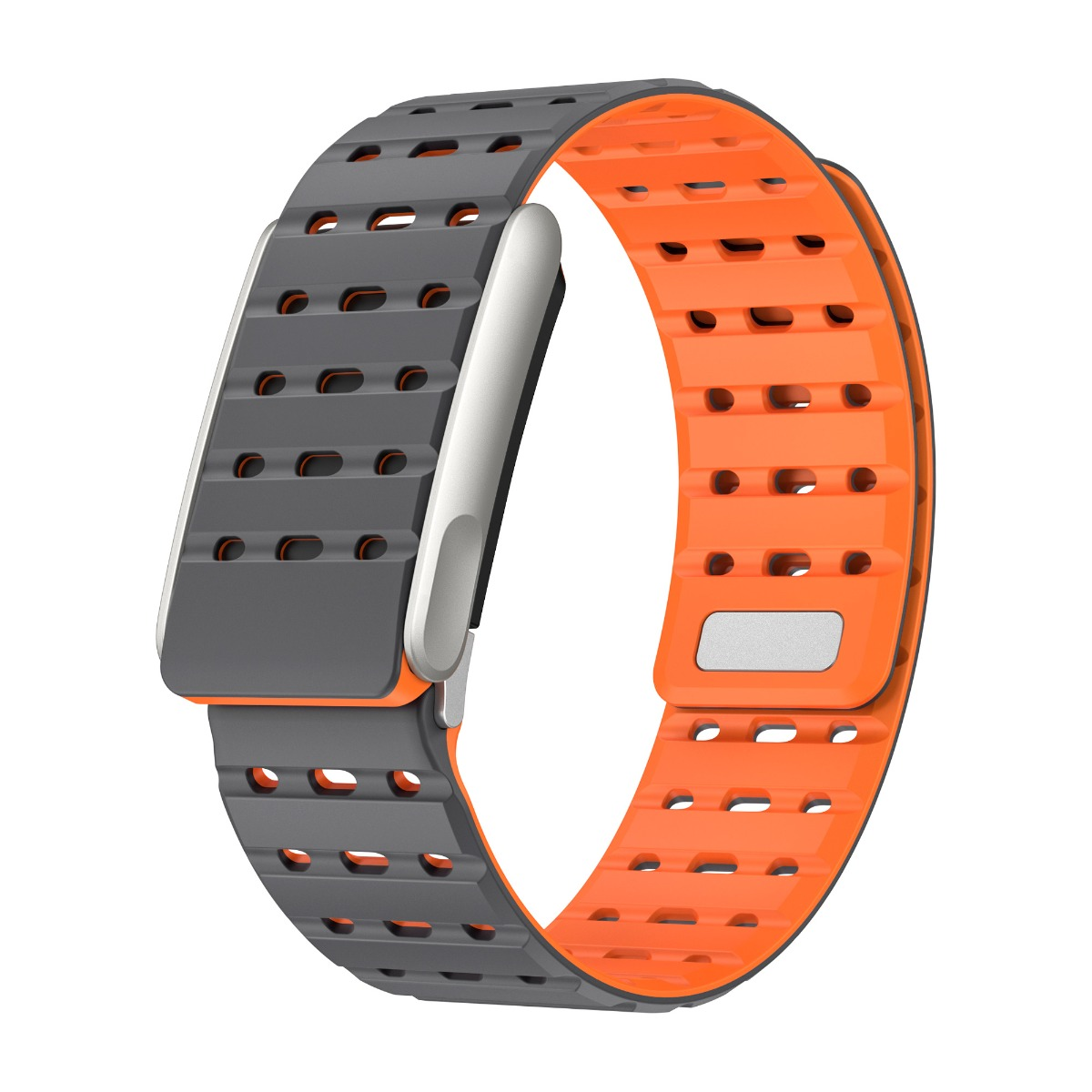 Ein graues und orangefarbenes Smartwatch-Armband. Das Armband hat ein rechteckiges graues Teil und orangefarbene Teile mit Löchern. Weißer Hintergrund.