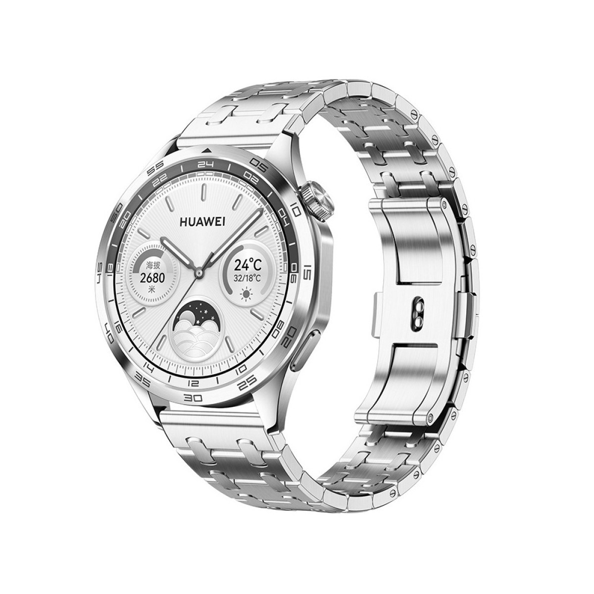 Uno smartwatch Huawei argentato con quadrante bianco, che mostra ora, temperatura e altri dati. Anche il cinturino è argentato.