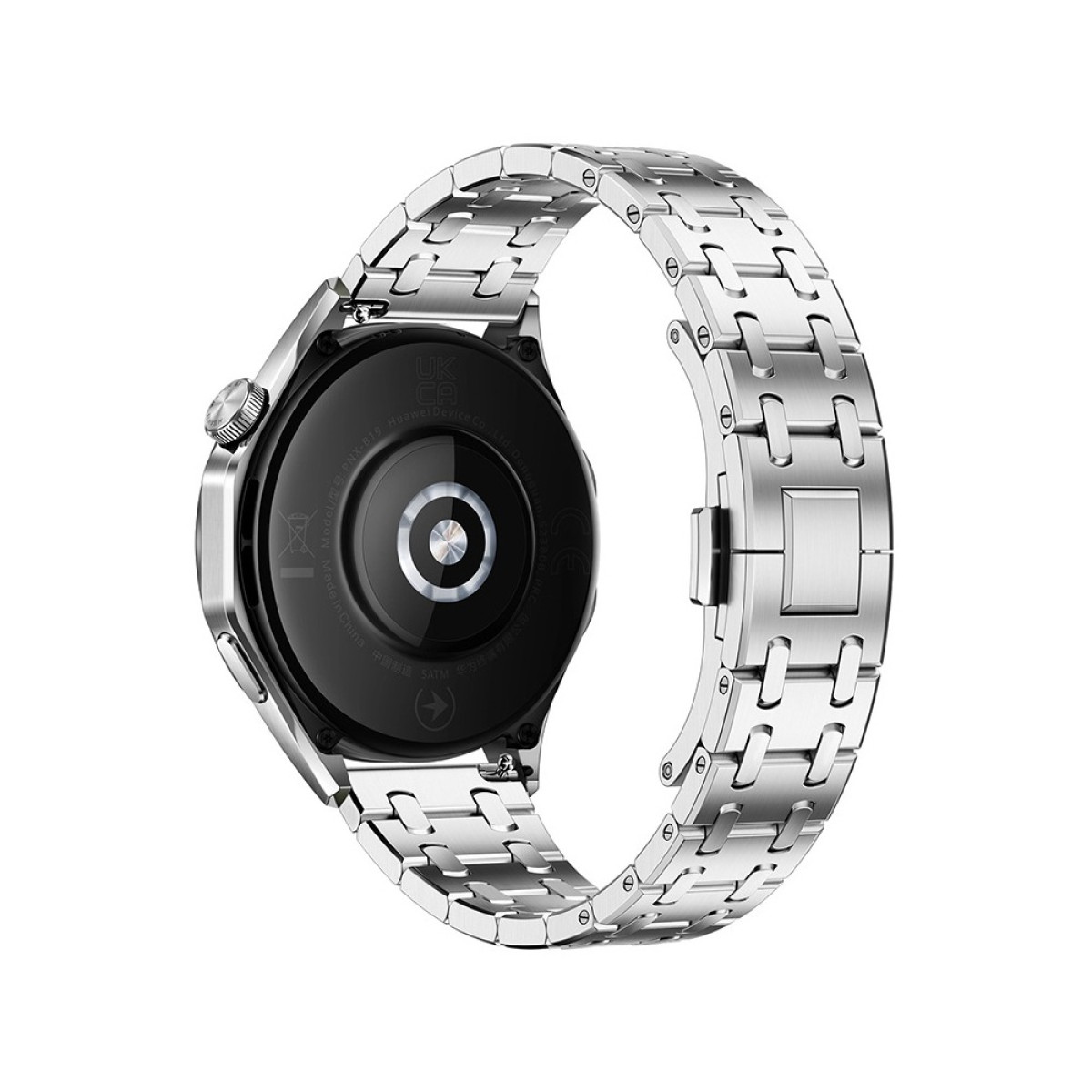 Uno smartwatch argentato con cinturino in metallo abbinato è mostrato su sfondo bianco. Il quadrante è nero e circolare.