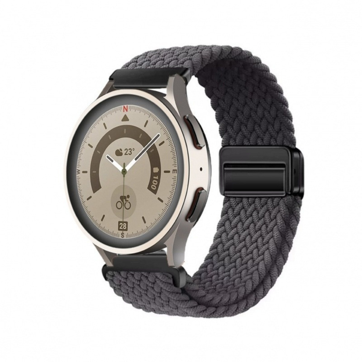 Eine silberne Smartwatch mit grauem geflochtenem Armband. Das Zifferblatt zeigt Zeit, Temperatur und Aktivitätsdaten.