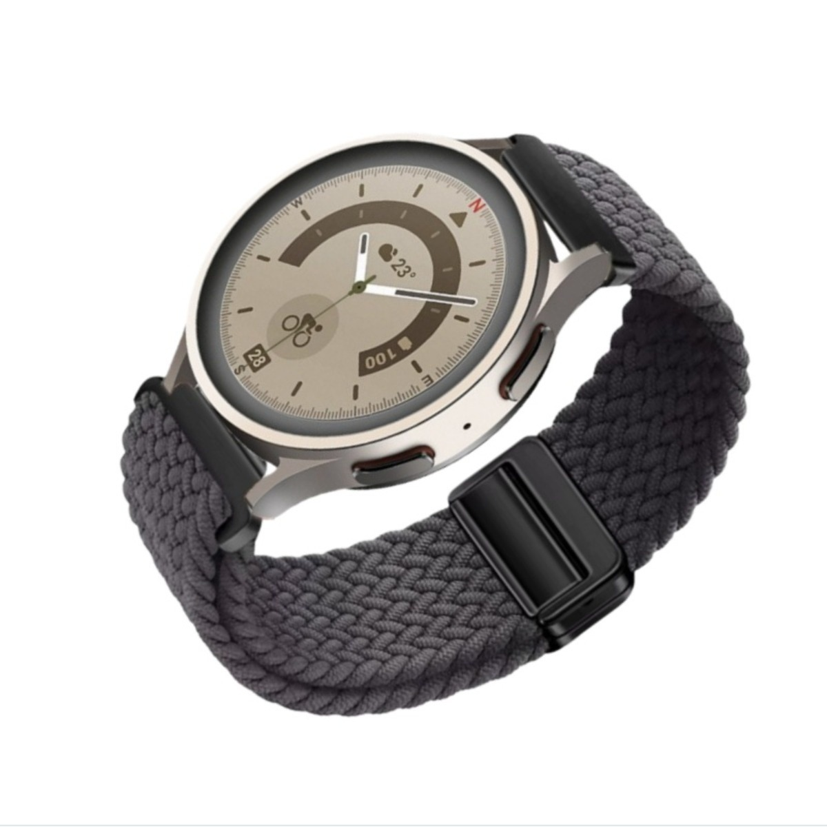 Eine silberne Smartwatch mit grauem geflochtenem Armband. Das Zifferblatt zeigt Zeit und Wetter an.