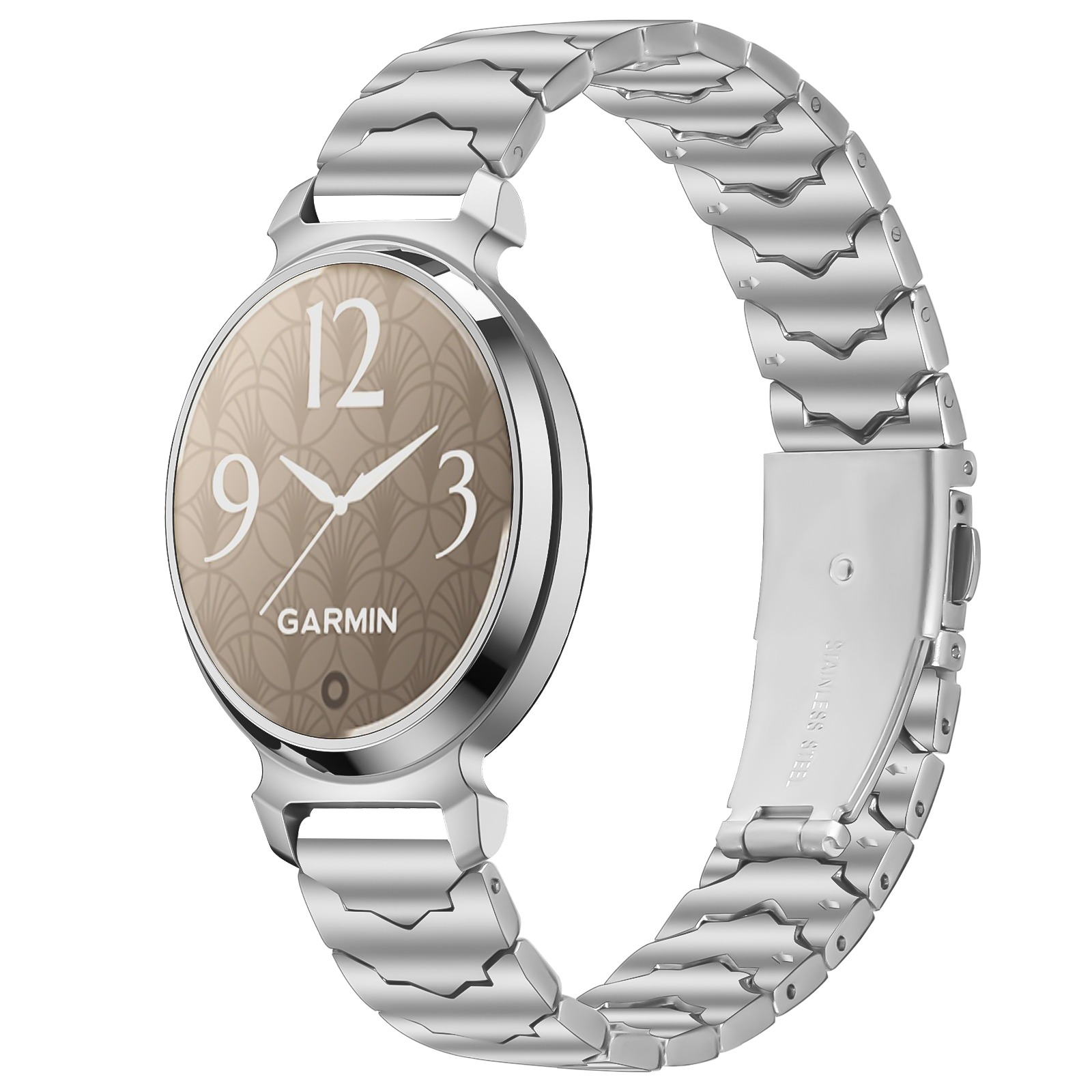 Reloj inteligente Garmin plateado con esfera beige. El reloj muestra la hora y tiene una correa de acero inoxidable.