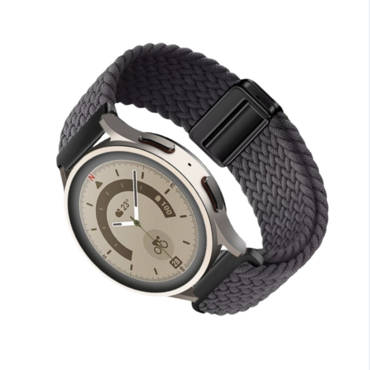 Eine silberne Smartwatch mit grauem geflochtenem Armband. Das Zifferblatt zeigt Zeit, Wetter und Aktivitätssymbole. Der Hintergrund ist weiß.