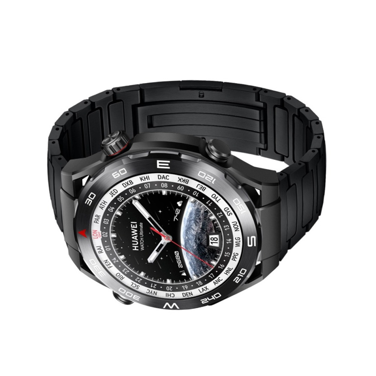Schwarze Huawei-Smartwatch mit Weltkartenanzeige, die Zeit und Datum anzeigt. Sie hat ein schwarzes Metallband und mehrere Zifferblätter.