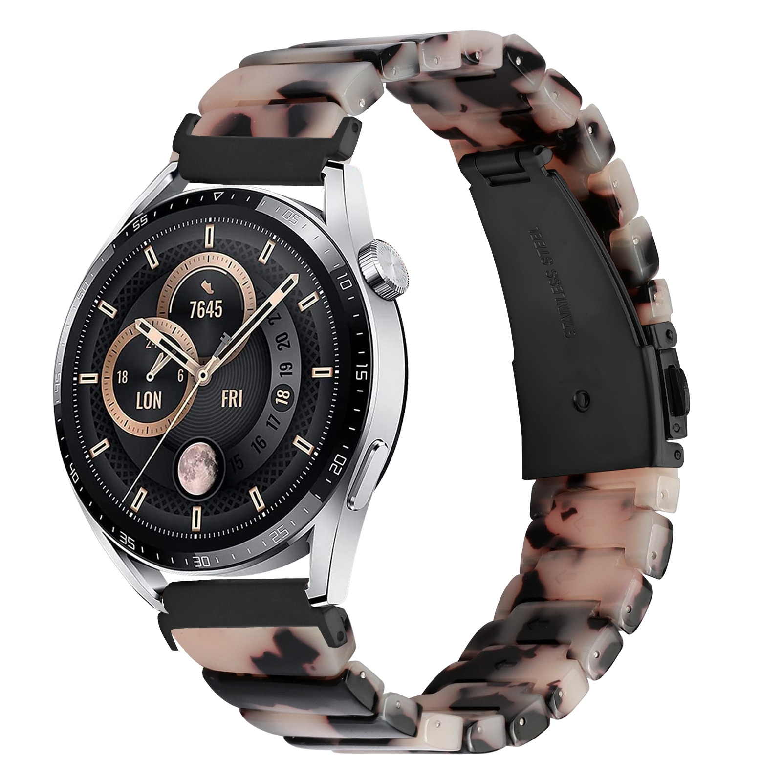 Smartwatch con quadrante nero, cassa argentata e cinturino fantasia. Visualizza ora e data.
