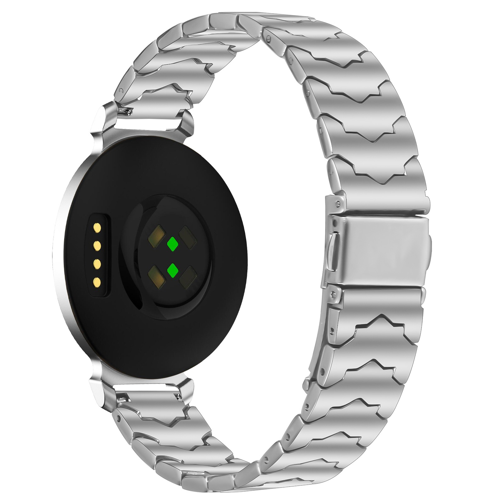 Un reloj inteligente plateado con una parte trasera circular negra, sensores y una correa de metal, sobre fondo blanco.