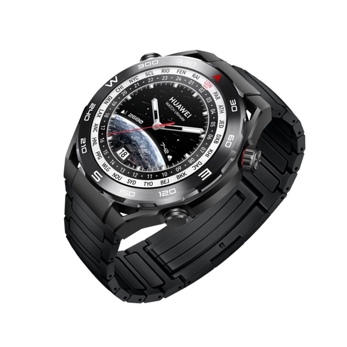 Eine schwarze Huawei Watch Ultimate mit Weltkartenanzeige, Datum und Uhrzeit. Sie hat ein schwarzes Metallband und ist abgewinkelt.
