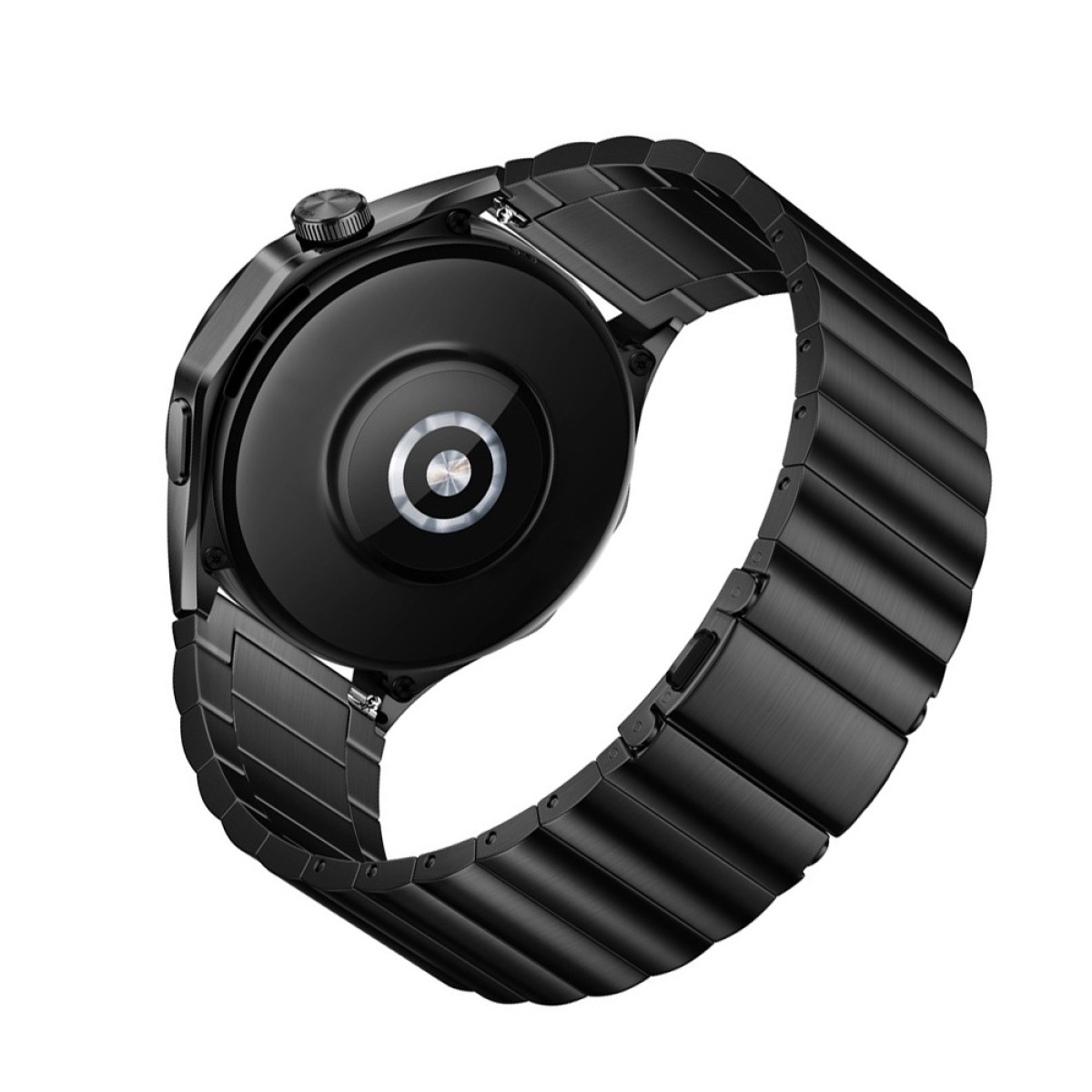 Schwarze Smartwatch mit Metallarmband. Das Zifferblatt ist schwarz mit silbernem Zentrum. Das Armband besteht aus Metallgliedern.
