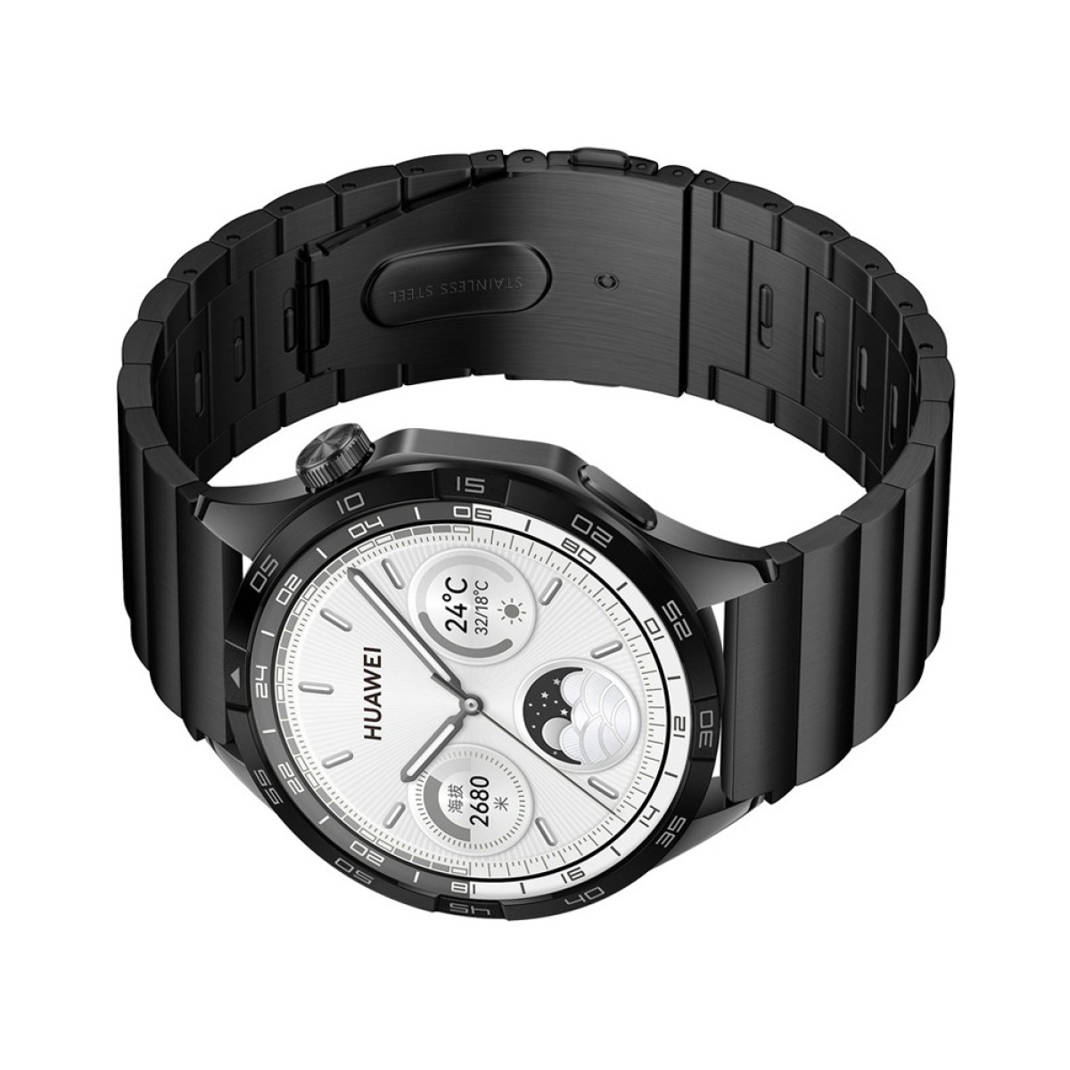Eine schwarze Huawei-Smartwatch mit Edelstahlarmband, die Zeit, Temperatur und andere Daten auf dem weißen Zifferblatt anzeigt.