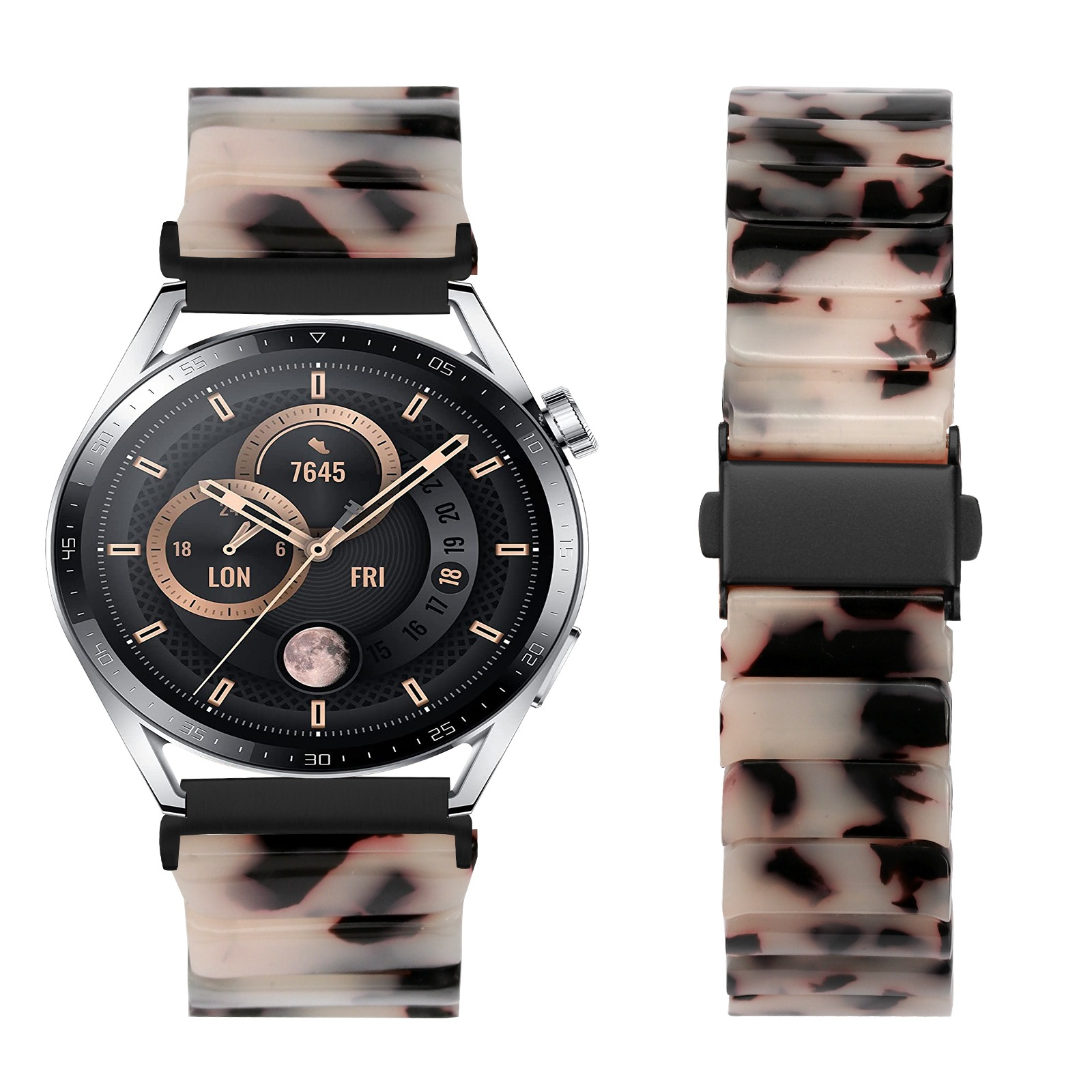 Uno smartwatch con cinturino fantasia su sfondo bianco. Il quadrante è nero con dettagli dorati.
