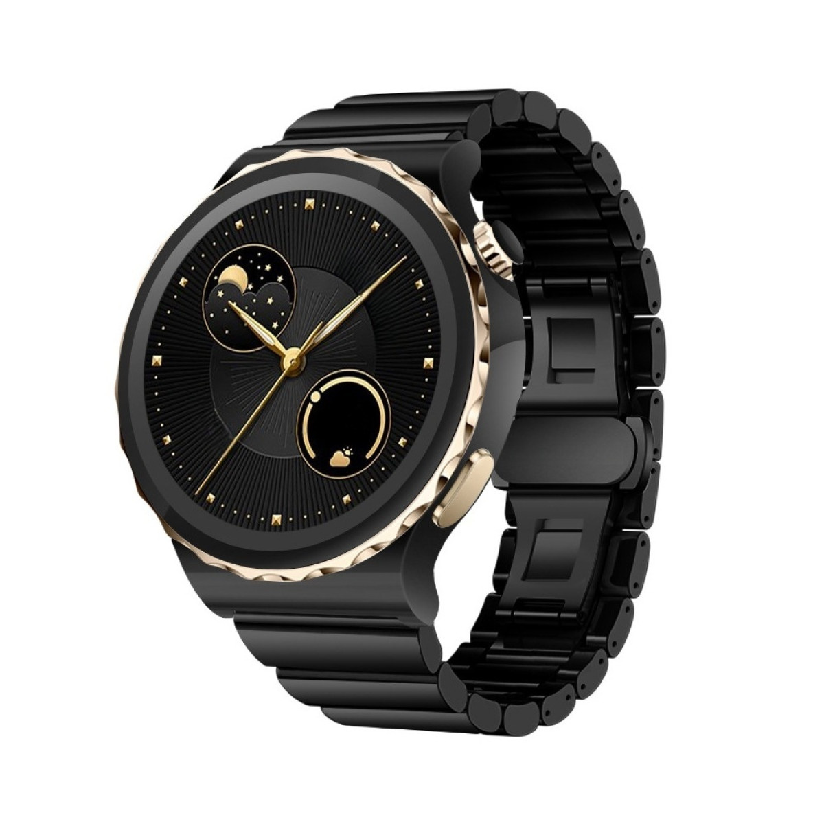 Uno smartwatch nero con lunetta e lancette dorate. Ha un cinturino nero. Il quadrante mostra luna e stelle.