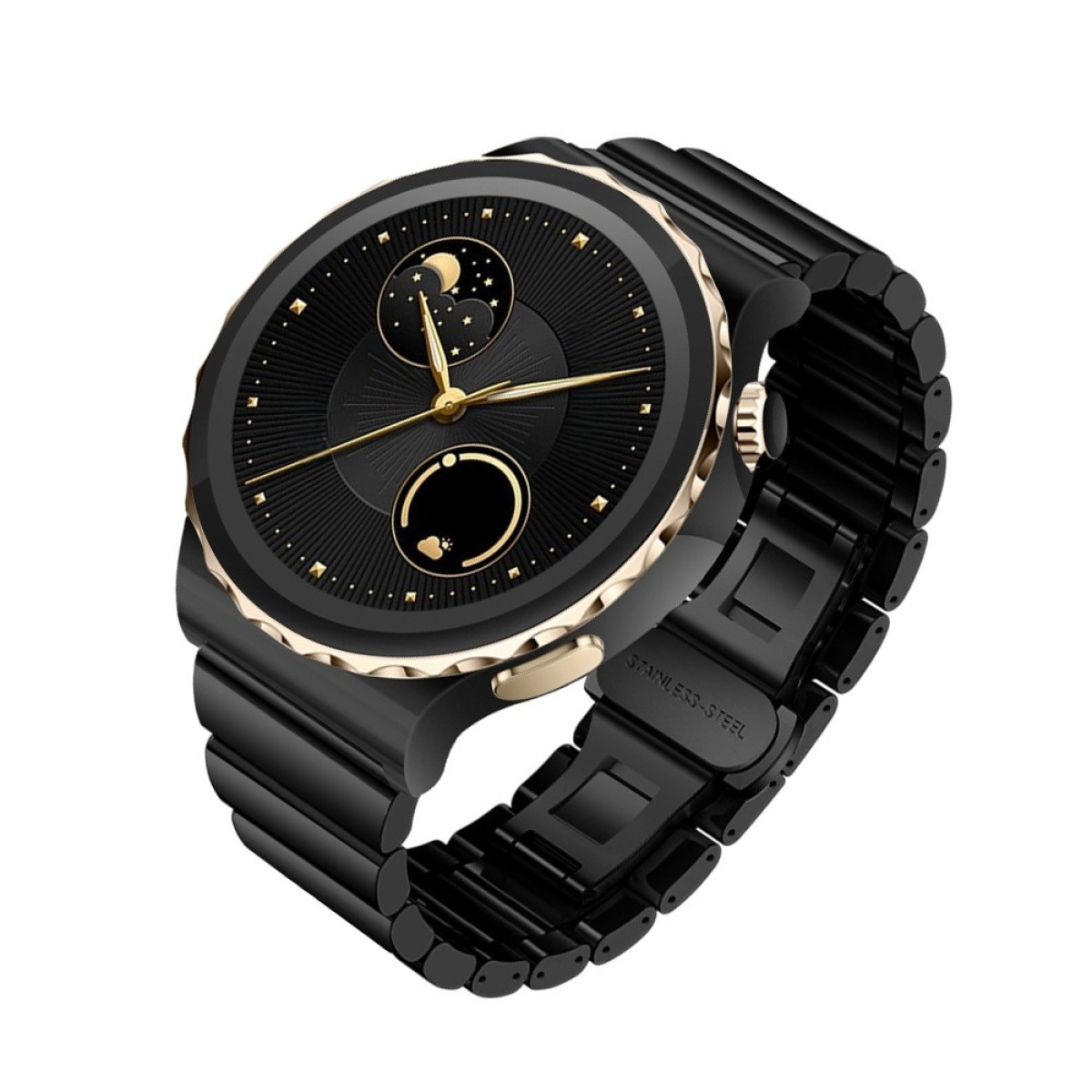 Uno smartwatch nero con lunetta e lancette dorate. Ha un cinturino nero. Il quadrante mostra le fasi lunari.
