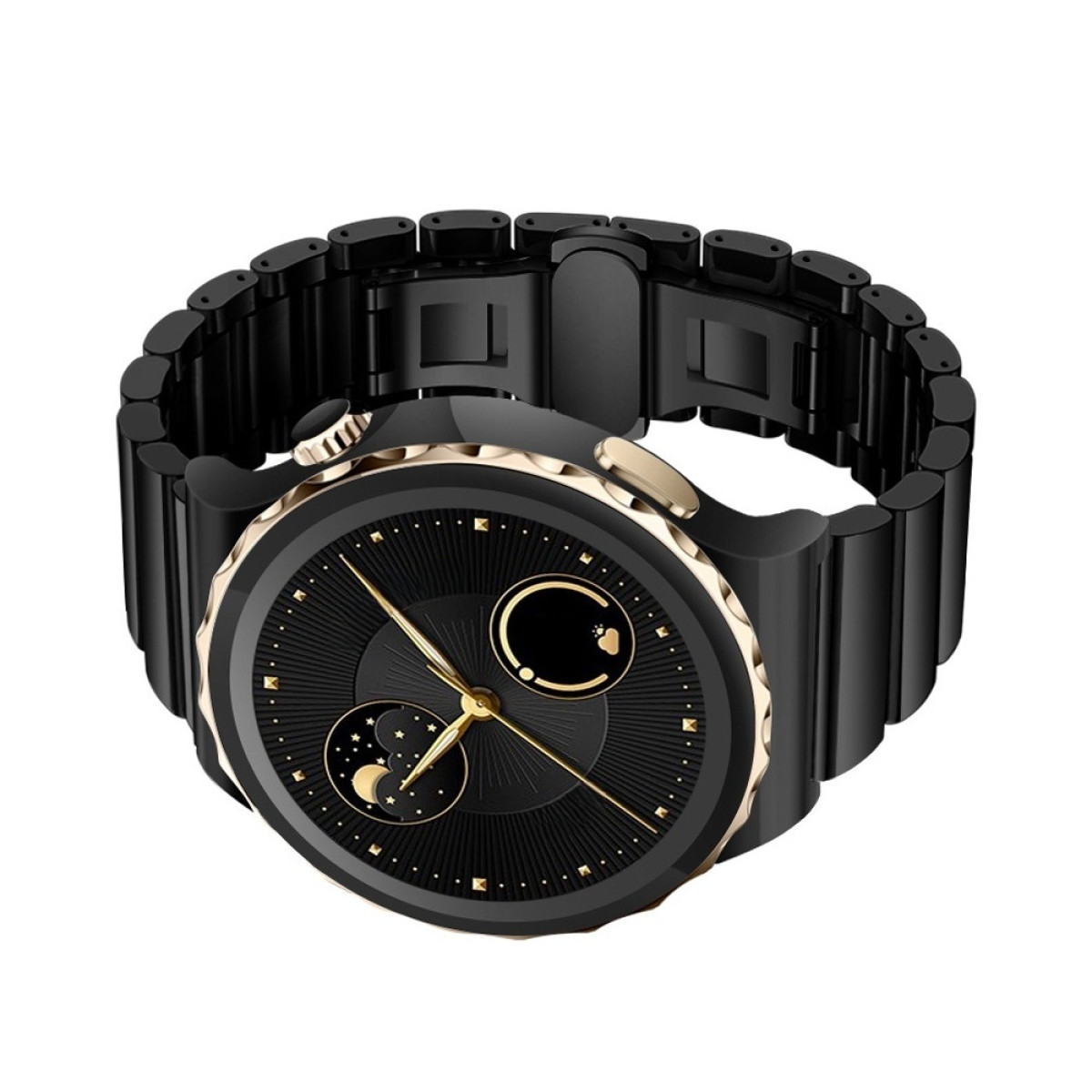 Uno smartwatch nero con lunetta dorata e dettagli dorati. L'orologio ha un cinturino nero. Il quadrante mostra l'ora e le fasi lunari.