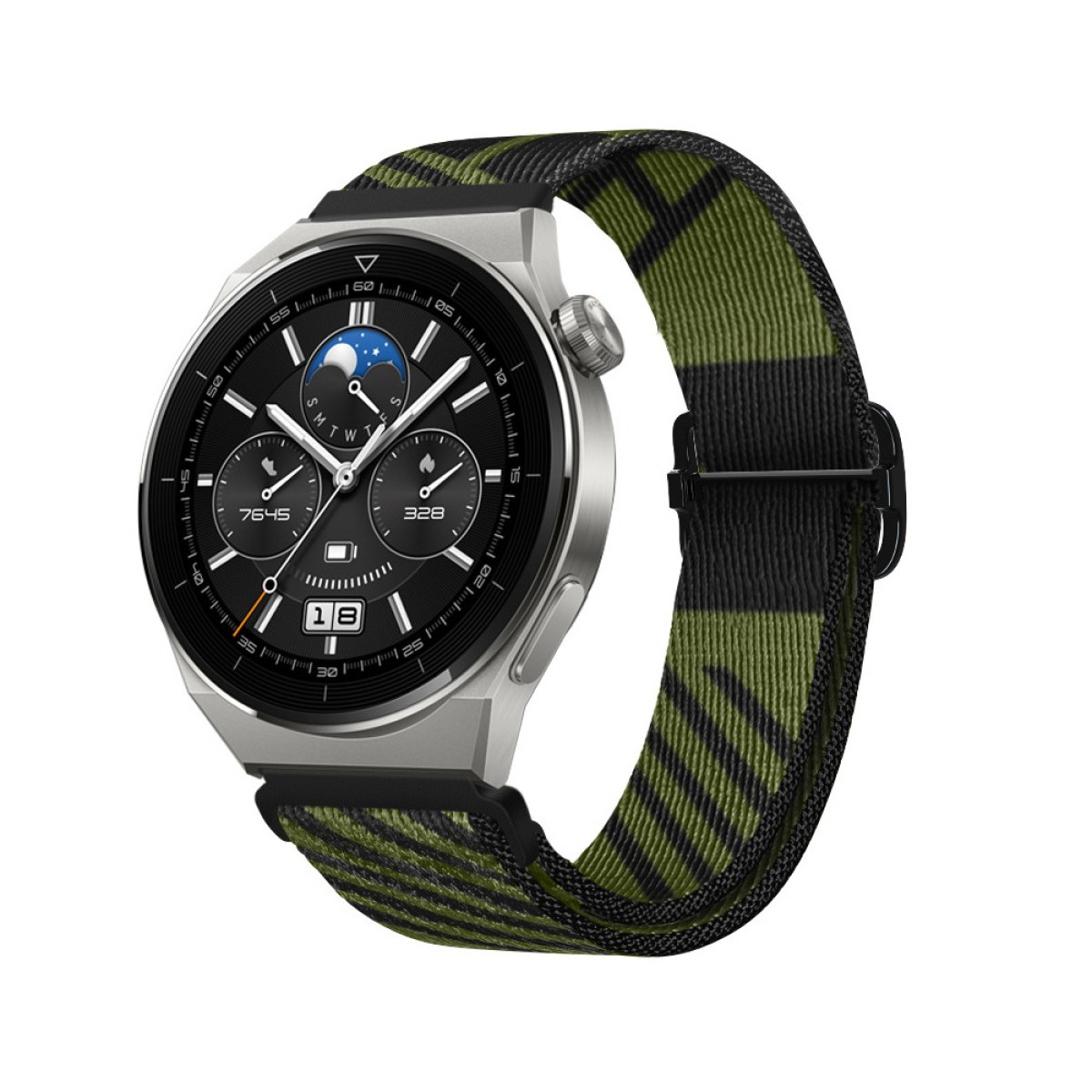 Eine silberne Smartwatch mit schwarzem Zifferblatt und grün-schwarzem Armband. Die Uhr zeigt Datum und Uhrzeit.