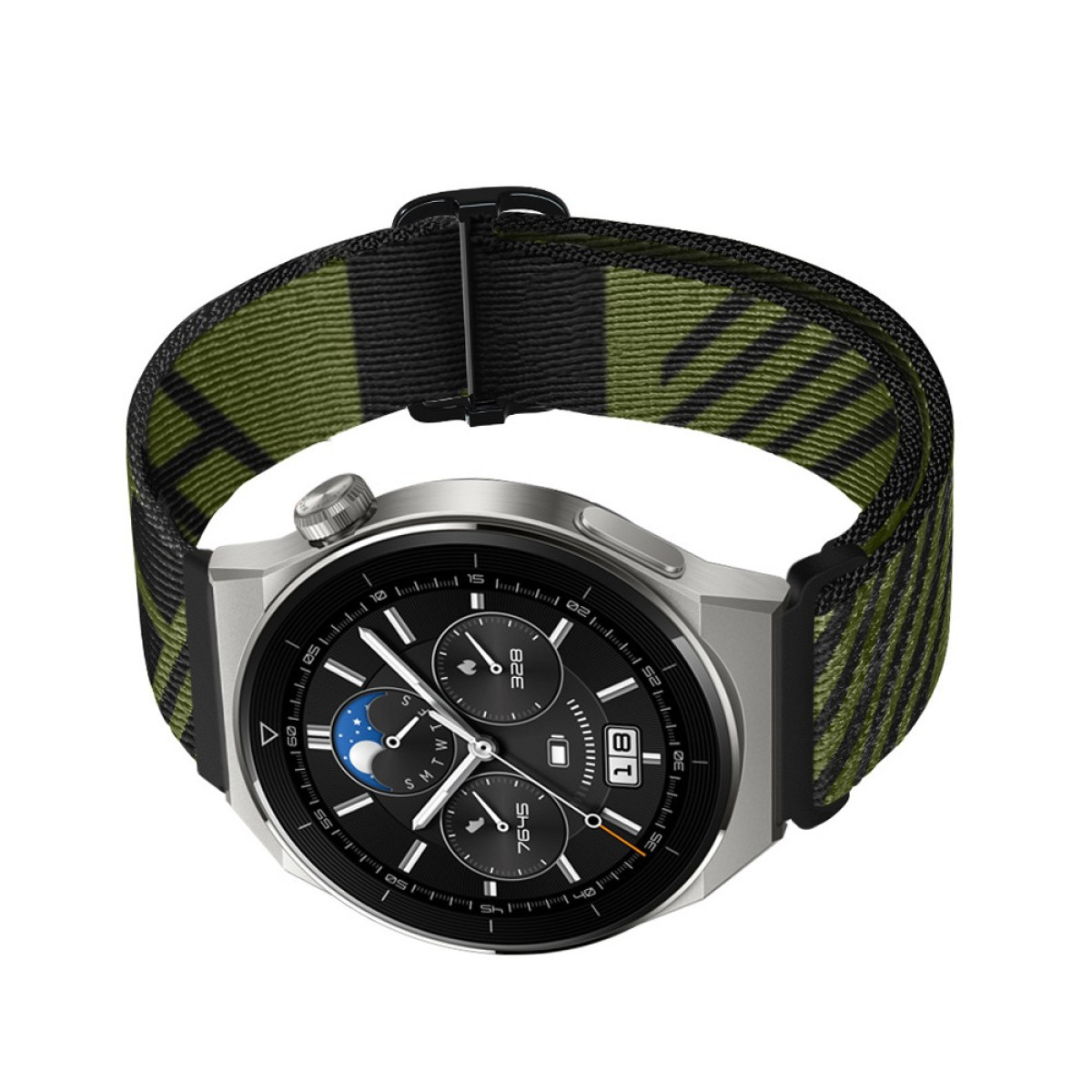 Eine silberne Smartwatch mit einem schwarz-grün gestreiften Armband. Das Zifferblatt ist schwarz mit verschiedenen Zifferblättern und Anzeigen.