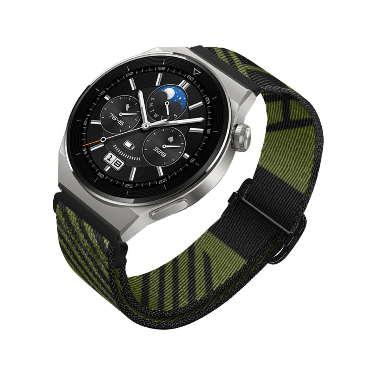 Eine silberne Smartwatch mit schwarzem Zifferblatt und grünem Camouflage-Armband wird vor weißem Hintergrund gezeigt.