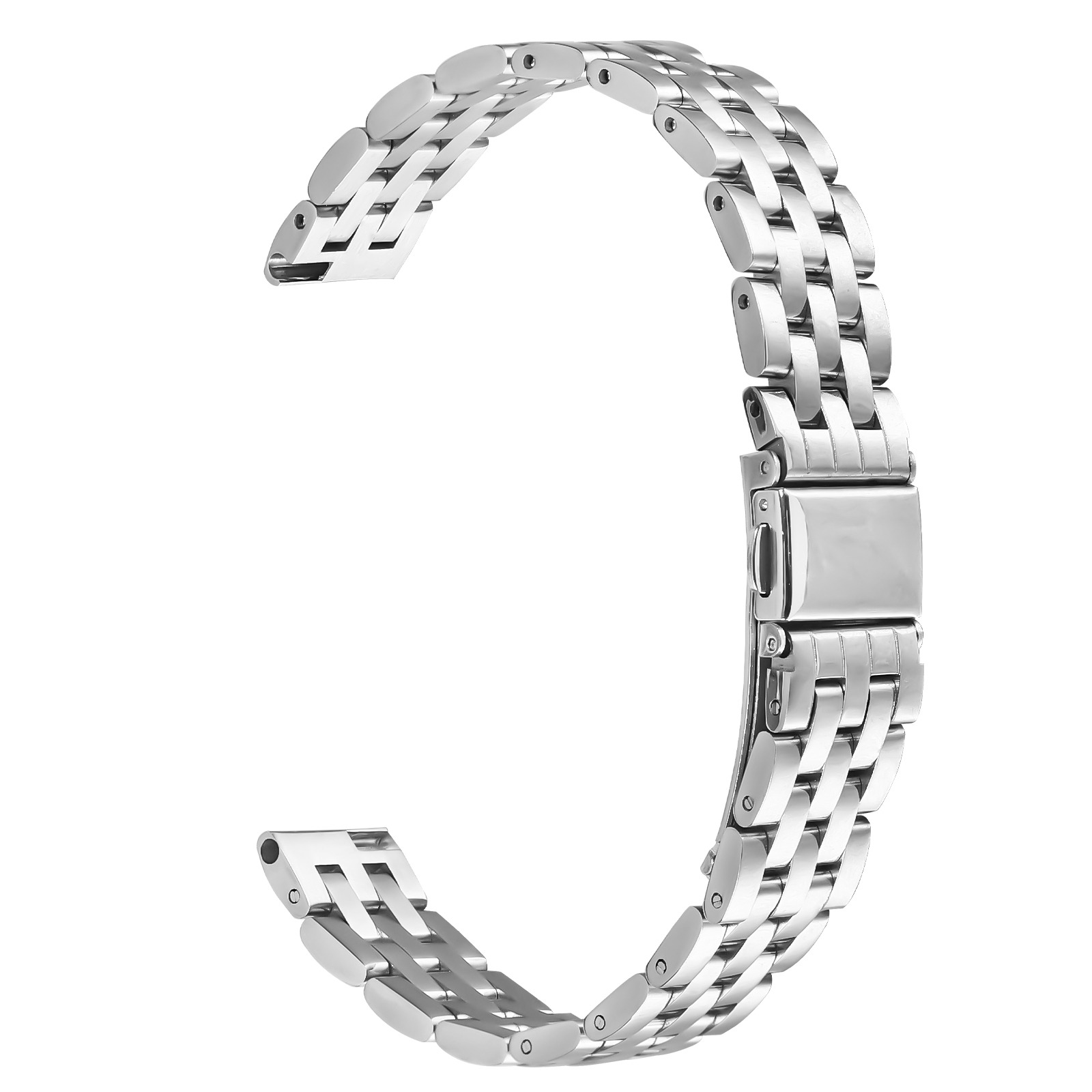 Un cinturino d'orologio argentato su sfondo bianco. È curvo e ha maglie interconnesse. La chiusura è centrata.