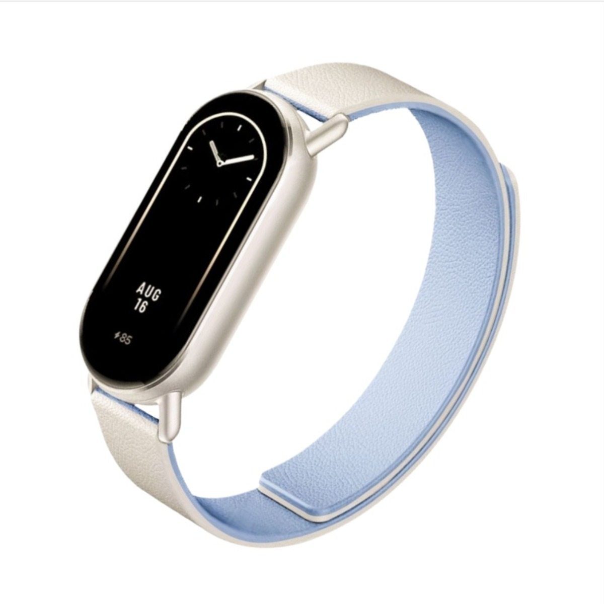 Eine Smartwatch mit schwarzem Bildschirm, der Uhrzeit und Datum anzeigt. Sie hat ein hellblaues und weißes Lederarmband.