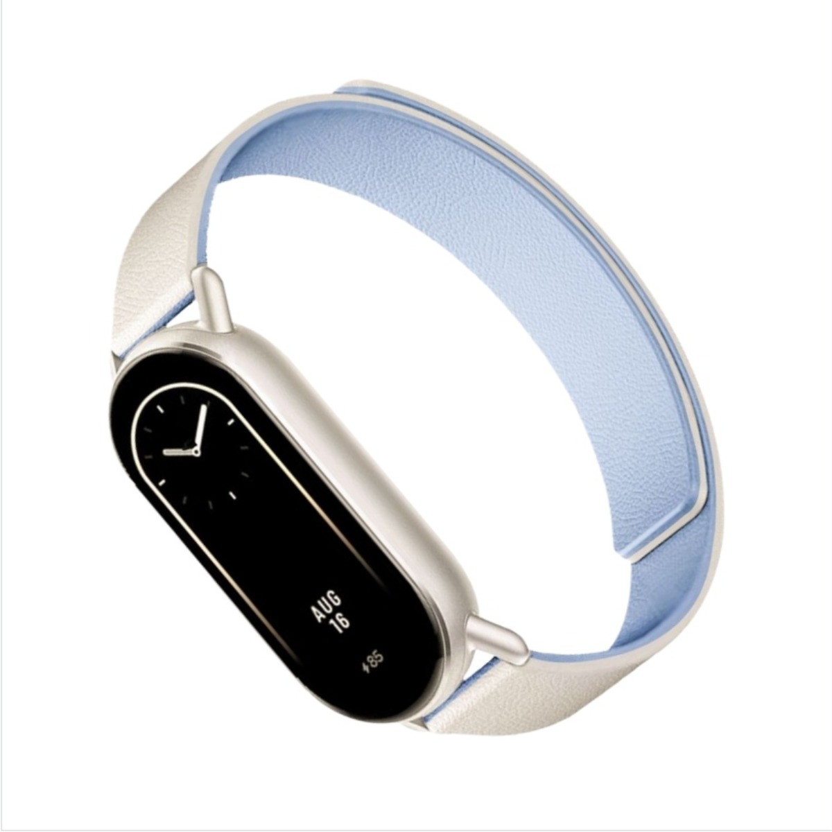 Eine Smartwatch mit schwarzem Bildschirm, der Zeit, Datum und Gesundheitsdaten anzeigt. Sie hat einen silbernen Rahmen und ein hellblaues und weißes Armband.