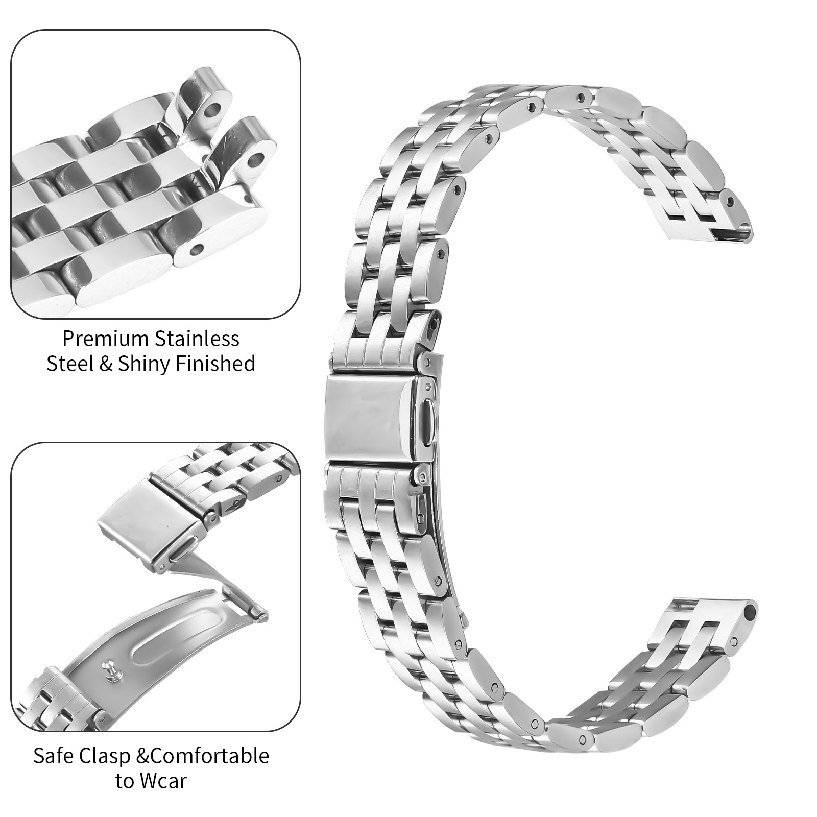 Cinturino per orologio in acciaio inossidabile lucido con chiusura. Vengono mostrati anche primi piani dettagliati della chiusura e delle sezioni del cinturino.
