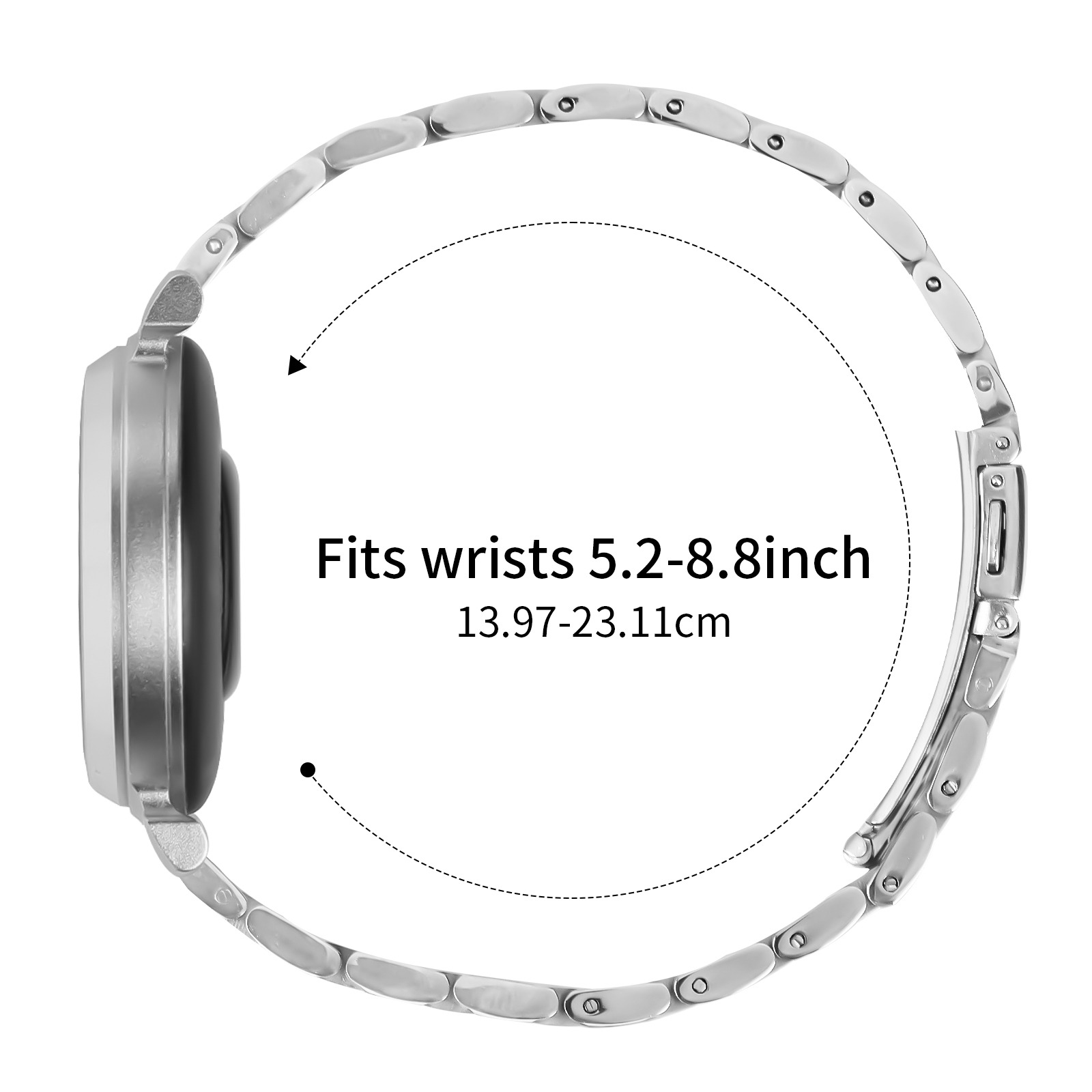 Smartwatch argentato con cinturino in metallo. Testo: Adatto a polsi 5.2-8.8 pollici, 13.97-23.11cm. Sfondo bianco.