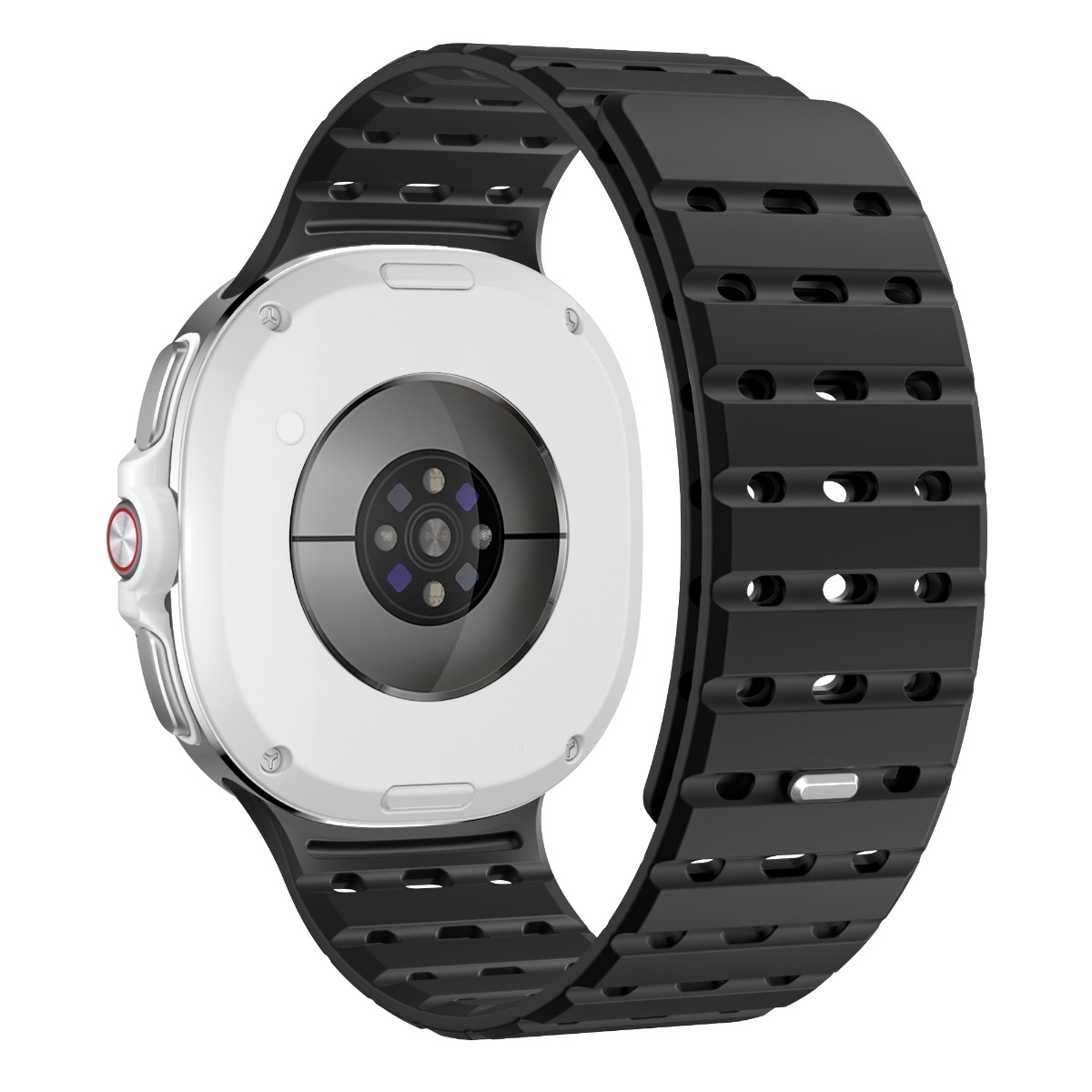 Rückansicht einer Smartwatch. Weißes Gehäuse mit schwarzem Armband. Hat Sensoren und einen roten Knopf. Das Armband hat mehrere Löcher.