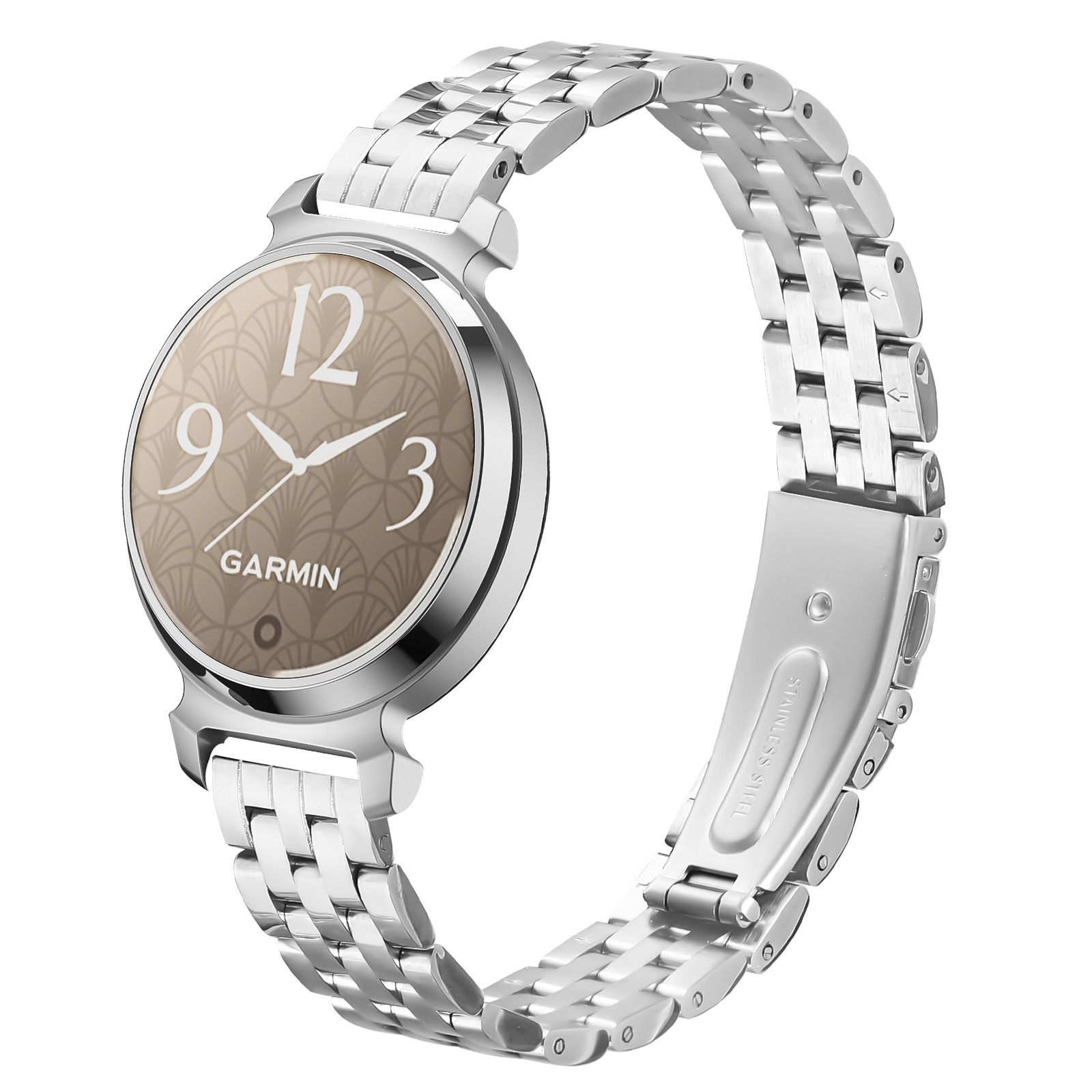 Smartwatch Garmin argento con quadrante fantasia. Anche il cinturino è argentato. L'orologio mostra 12, 9 e 3.