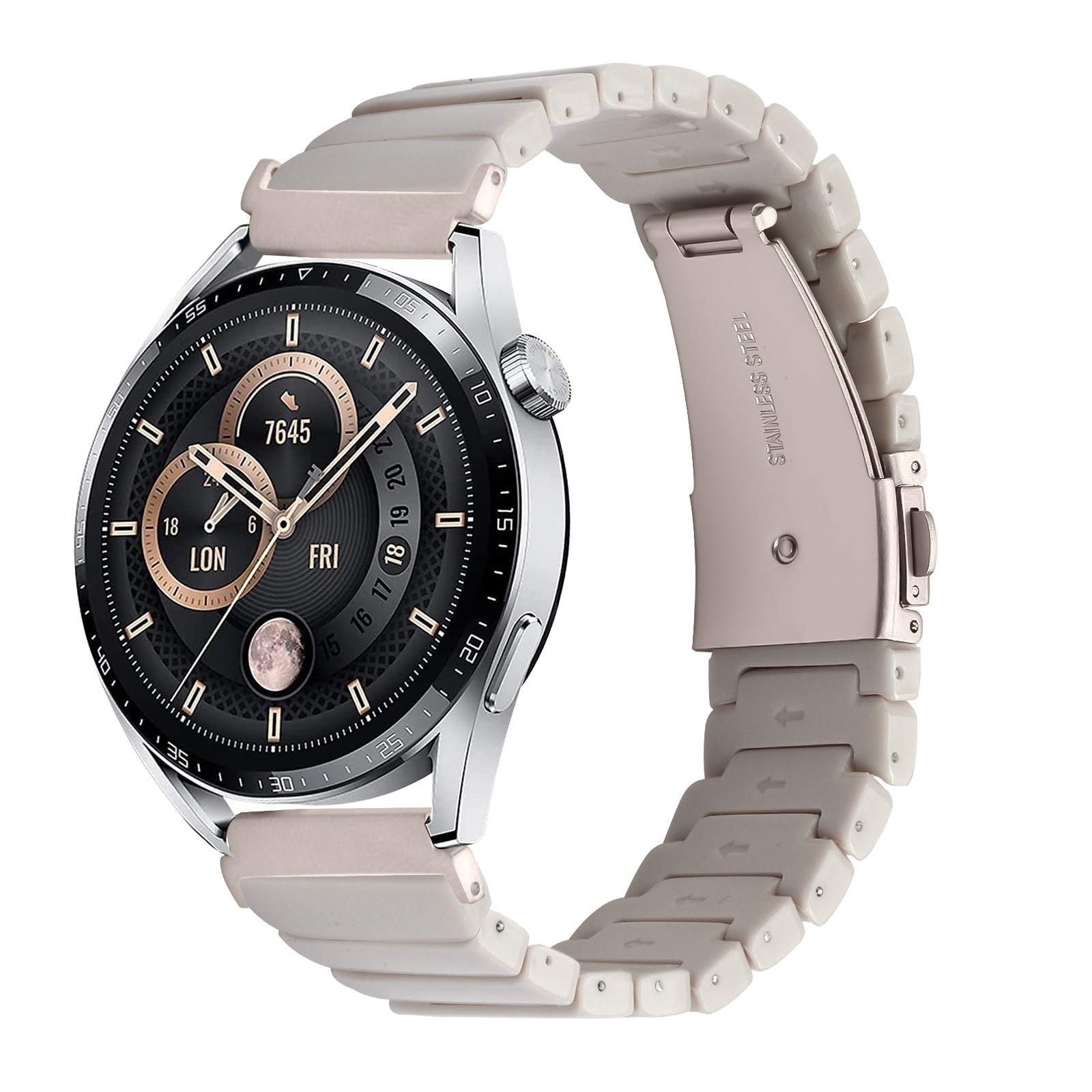 Eine cremefarbene Smartwatch mit schwarzem Ziffernblatt. Das Armband ist ebenfalls cremefarben. Die Uhr zeigt Zeit und Datum an.