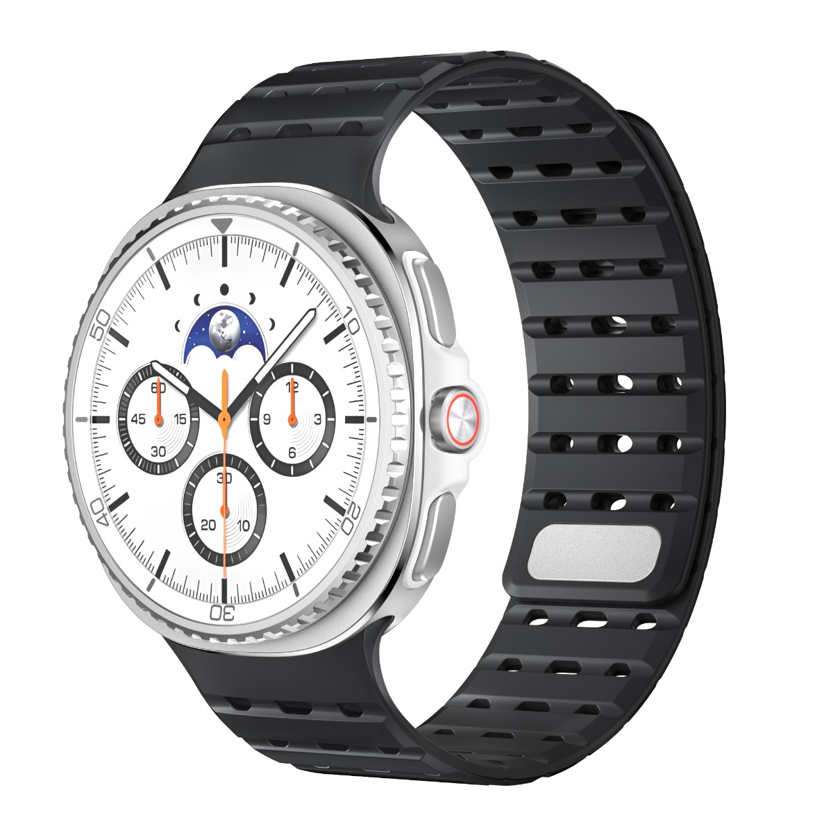 Eine moderne Smartwatch mit weißem Zifferblatt, schwarzem Armband und silbernem Gehäuse. Die Uhr zeigt die Zeit an und hat Hilfszifferblätter.