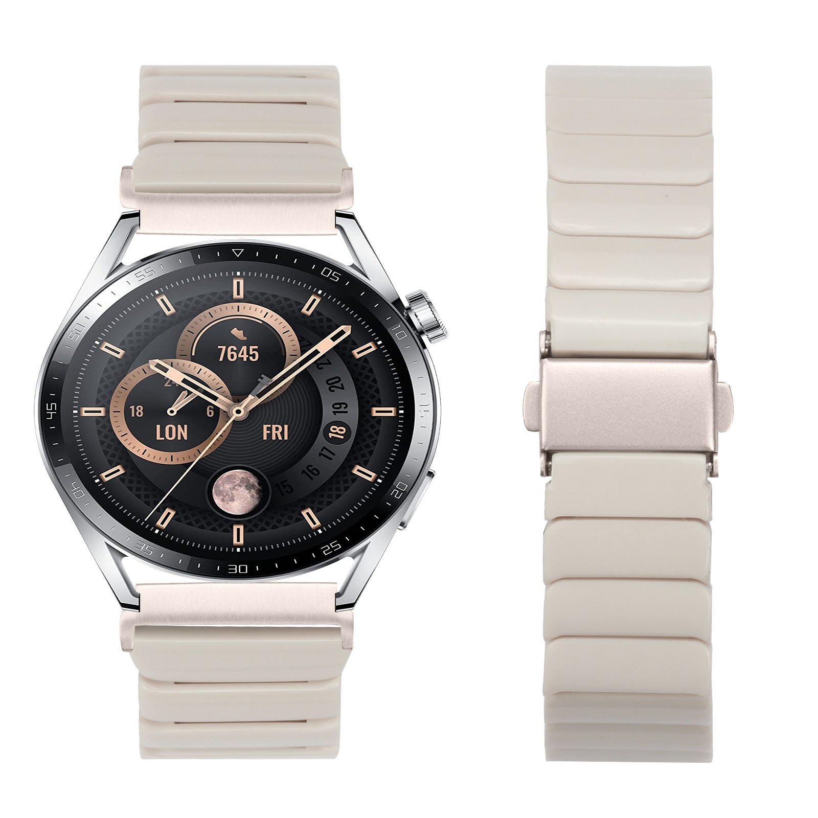 Eine Smartwatch mit weißem Armband, schwarzem Zifferblatt mit goldenen Akzenten und einem separaten Bandteil auf weißem Hintergrund.