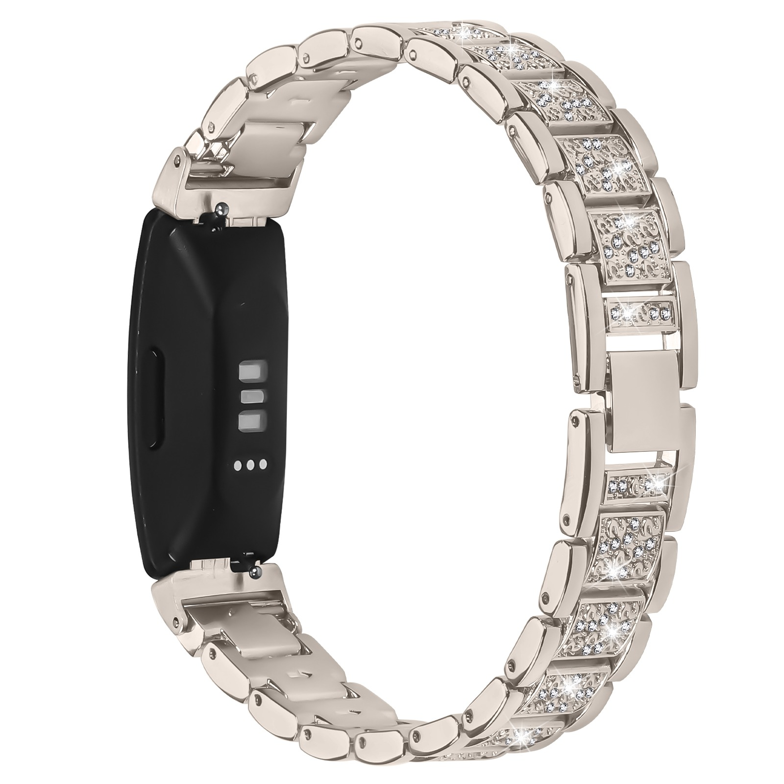 Ein silbernes Uhrenarmband mit klaren Kristallen ist an einem schwarzen Gerät mit drei weißen Punkten befestigt.