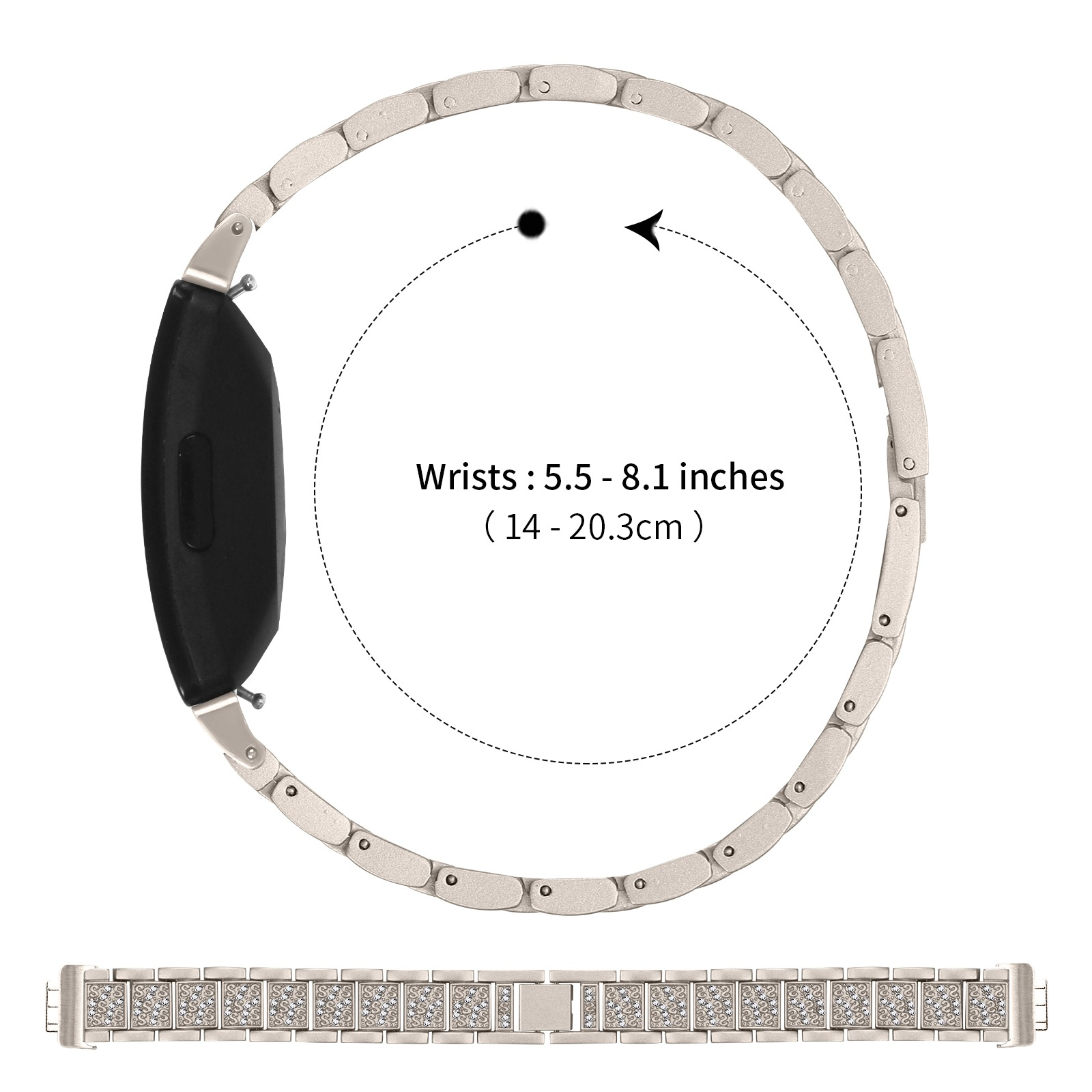 Eine silberne Uhr mit schwarzem Bildschirm. Sie hat ein Metallarmband und ein unteres Band mit Ziersteinen.