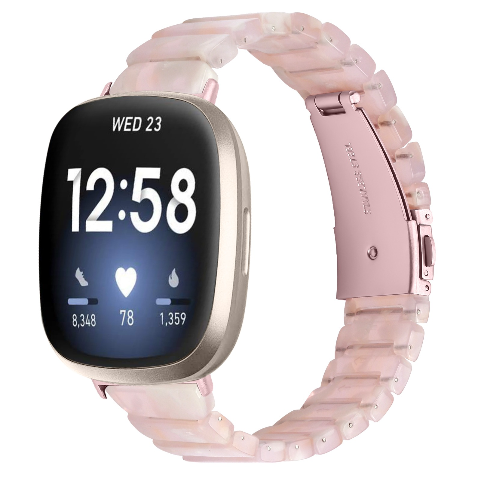 Eine Smartwatch mit rosa-weißem Armband zeigt Zeit, Schritte, Herzfrequenz und verbrannte Kalorien.