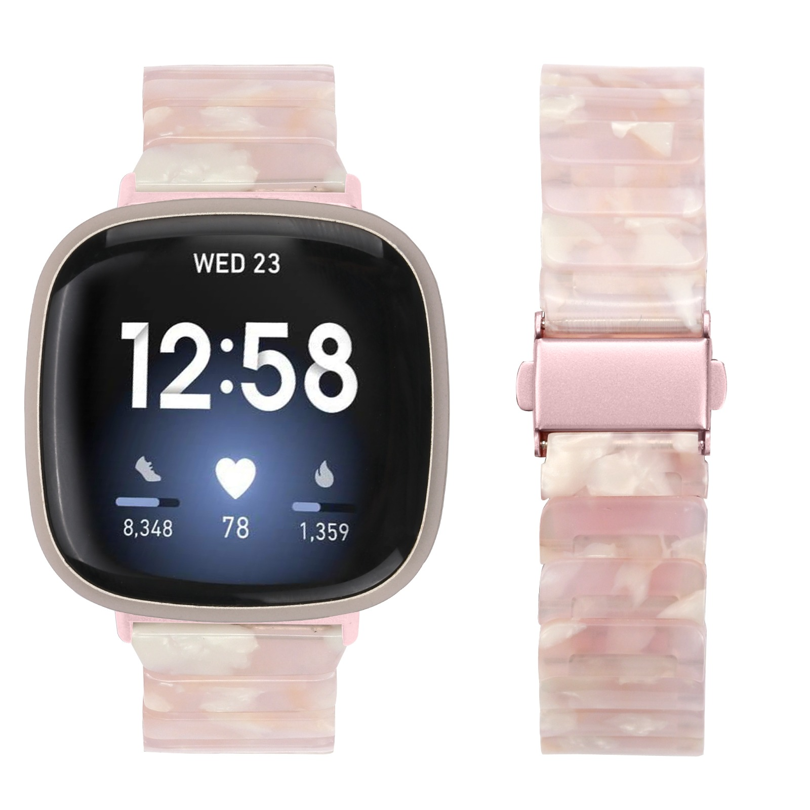 Smartwatch mit rosa-weiß marmoriertem Armband. Der Bildschirm zeigt Datum, Uhrzeit, Schritte, Herzfrequenz und Kalorien.