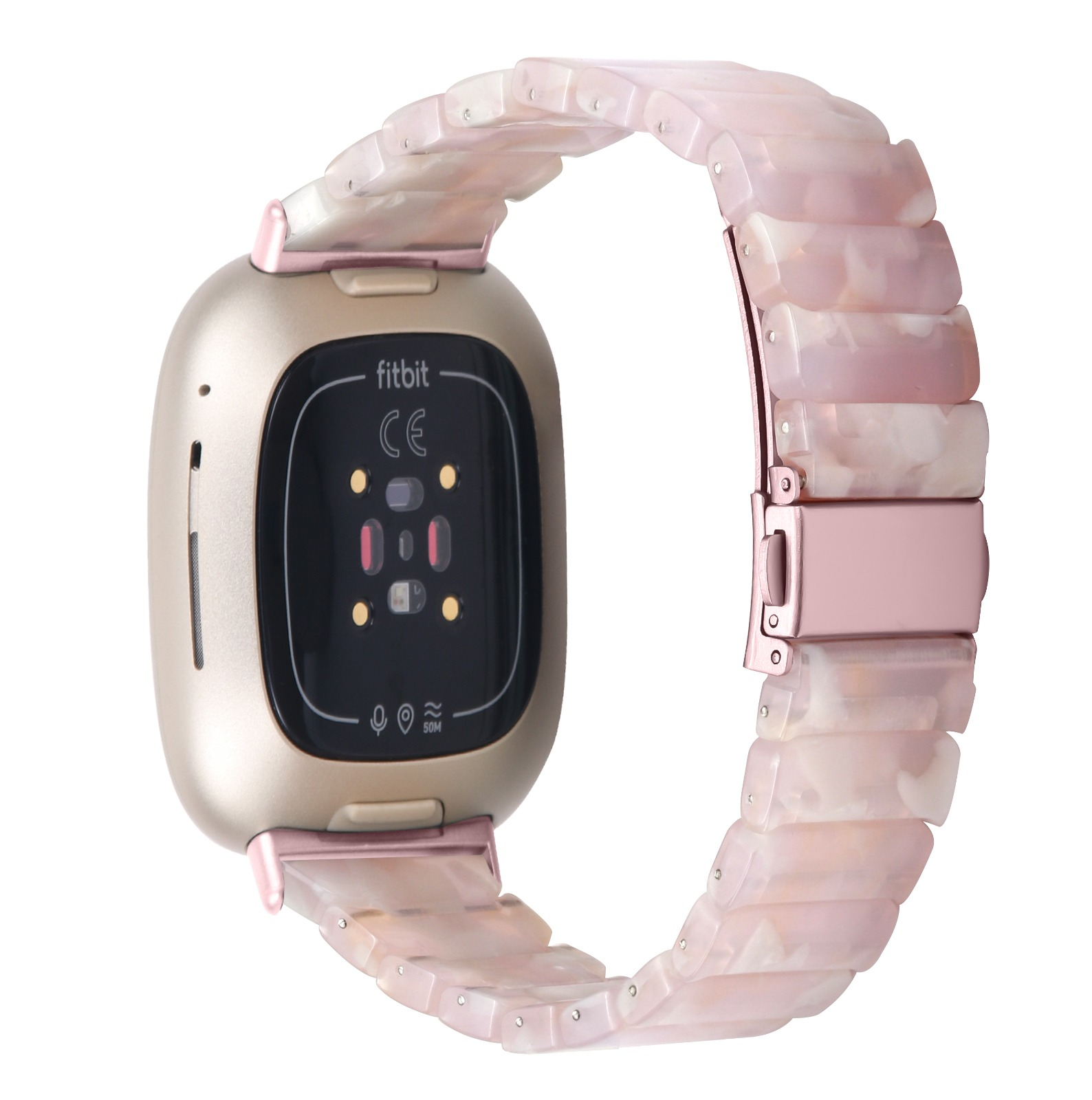 Goldene Fitbit-Uhr mit hellrosa, marmoriertem Armband. Das Zifferblatt ist schwarz mit Sensoren.