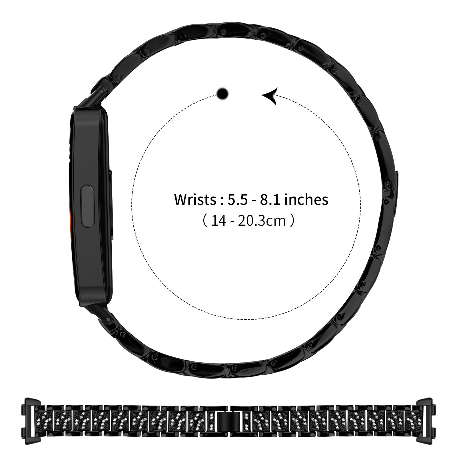 Schwarze Smartwatch mit Armband. Gepunkteter Kreis zeigt Handgelenkgröße an: 5,5-8,1 Zoll. Banddetails unten.