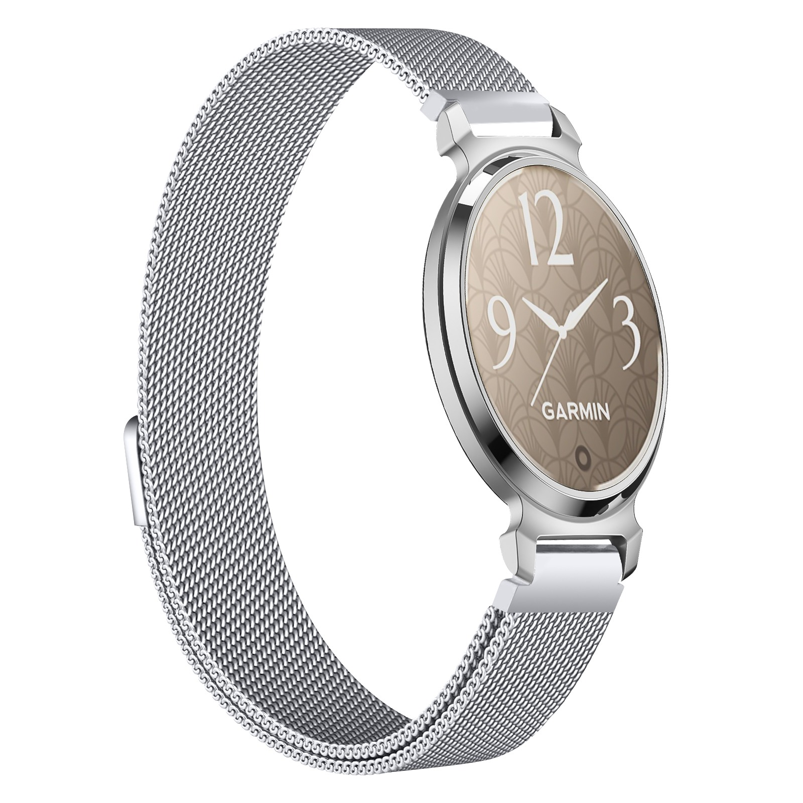 Eine silberne Garmin-Smartwatch mit Mesh-Armband. Das Zifferblatt ist beige mit weißen Ziffern und Zeigern. Der Hintergrund ist weiß.