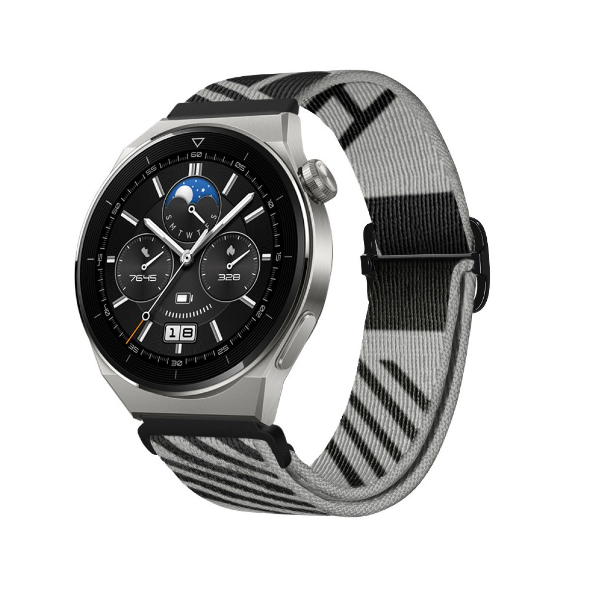 Eine silberne Smartwatch mit schwarzem Zifferblatt und grau-schwarz gestreiftem Armband. Die Uhr zeigt Datum und Uhrzeit.