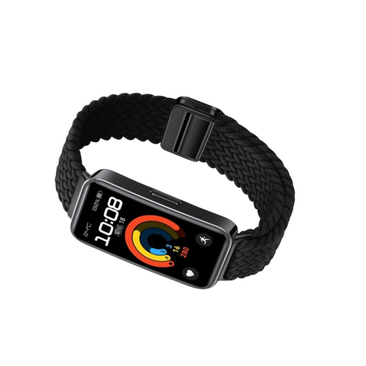 Eine schwarze Smartwatch mit geflochtenem Armband zeigt Zeit- und Aktivitätsdaten auf dem Bildschirm. Die Uhr befindet sich auf weißem Hintergrund.