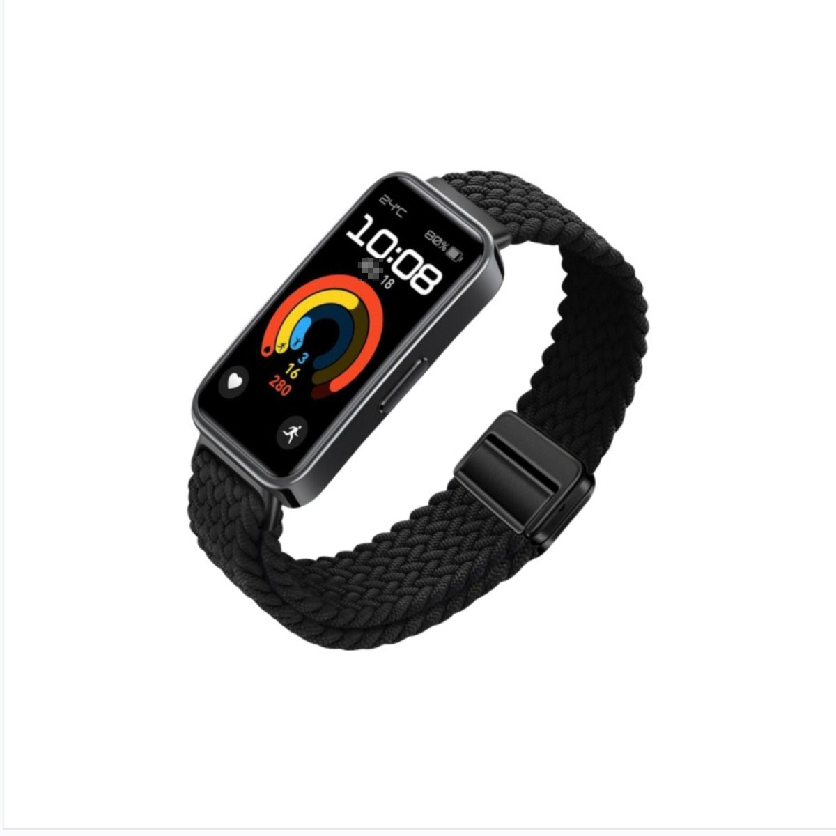 Eine Smartwatch mit einem schwarzen geflochtenen Armband. Der Bildschirm zeigt Uhrzeit, Temperatur, Akku und Aktivitätsdaten. Der Hintergrund ist weiß.