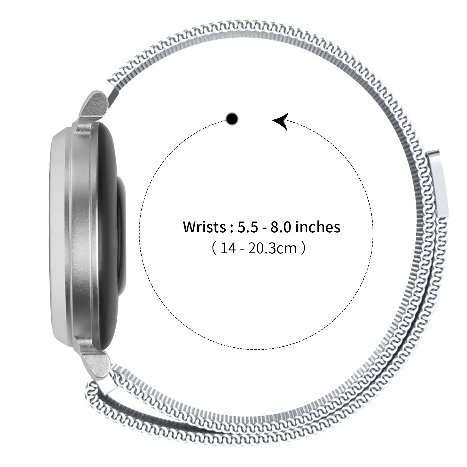 Eine silberne Smartwatch mit Mesh-Armband wird gezeigt. Text lautet: 'Handgelenke: 5,5-8,0 Zoll (14-20,3 cm)'.